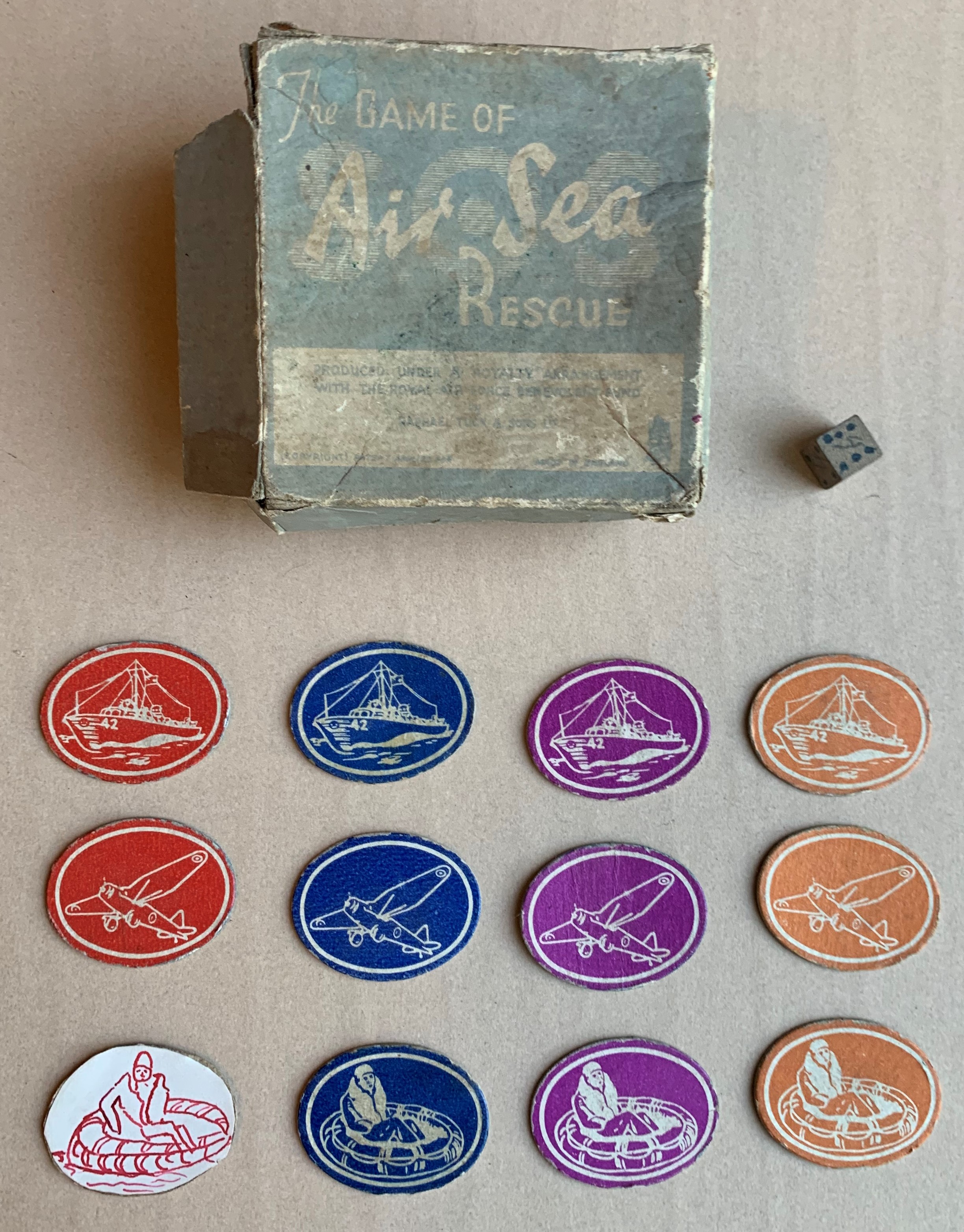 Counters, die and box for Game of Air-Sea Rescue