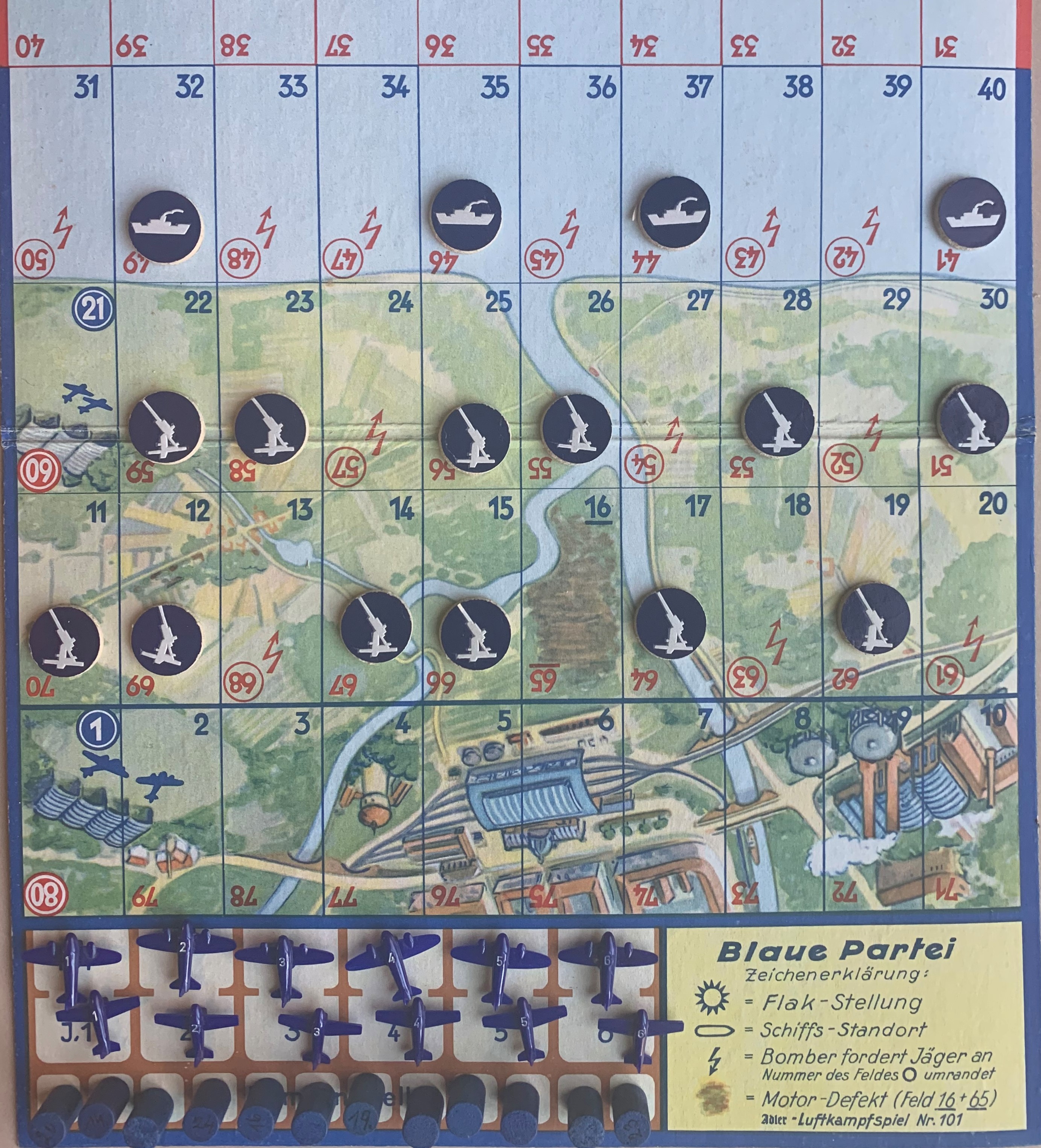 Overhead view of Adler Luftkampfspiel pieces on board
