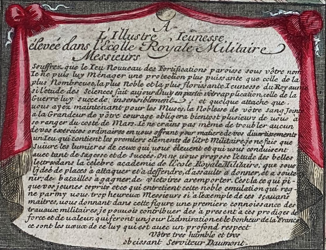 Dedication page of Le Jeu des Fortifications to the Royal Military School