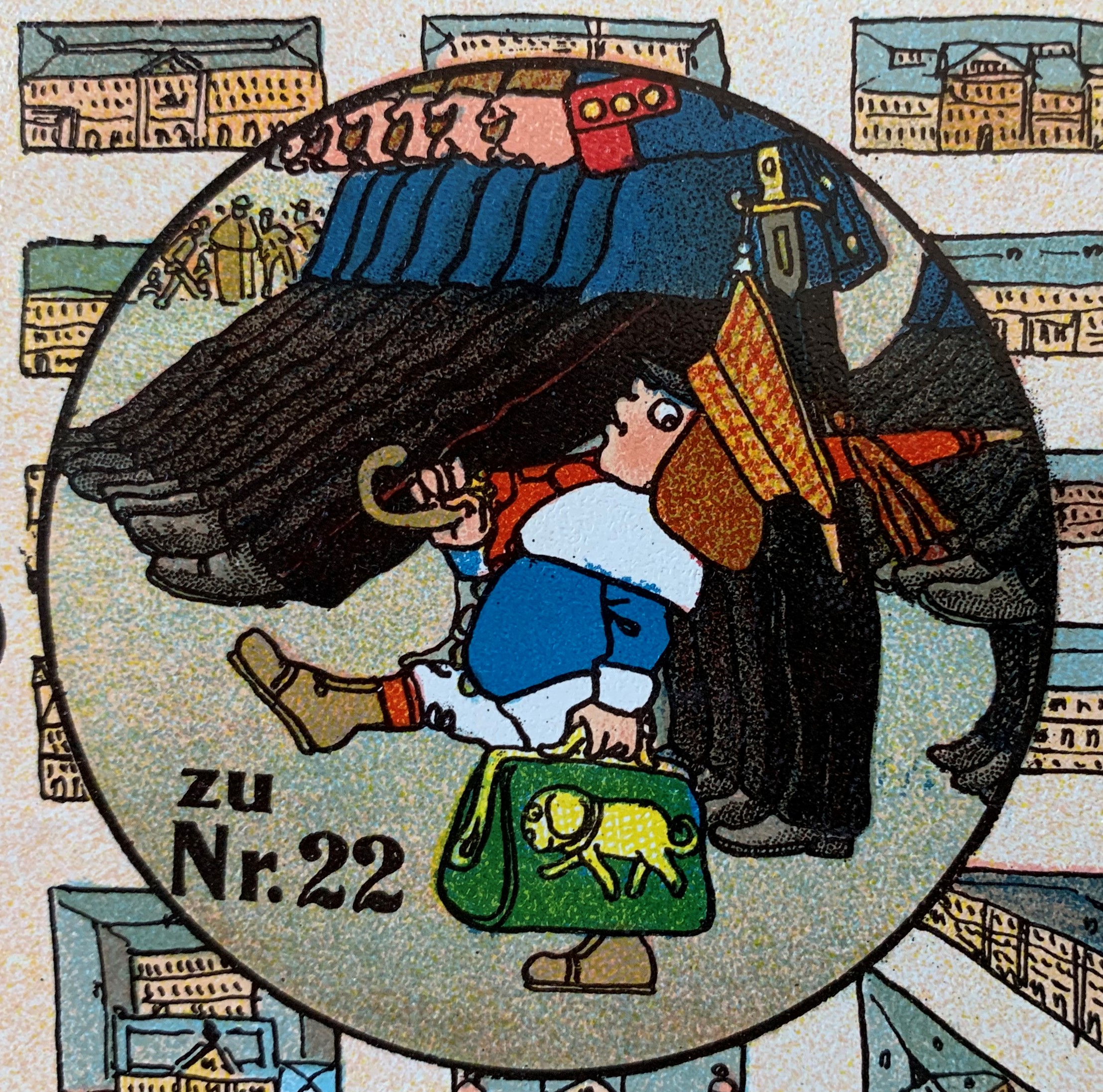 Detail from In der Gross-Stadt showing a boy marching with soldiers