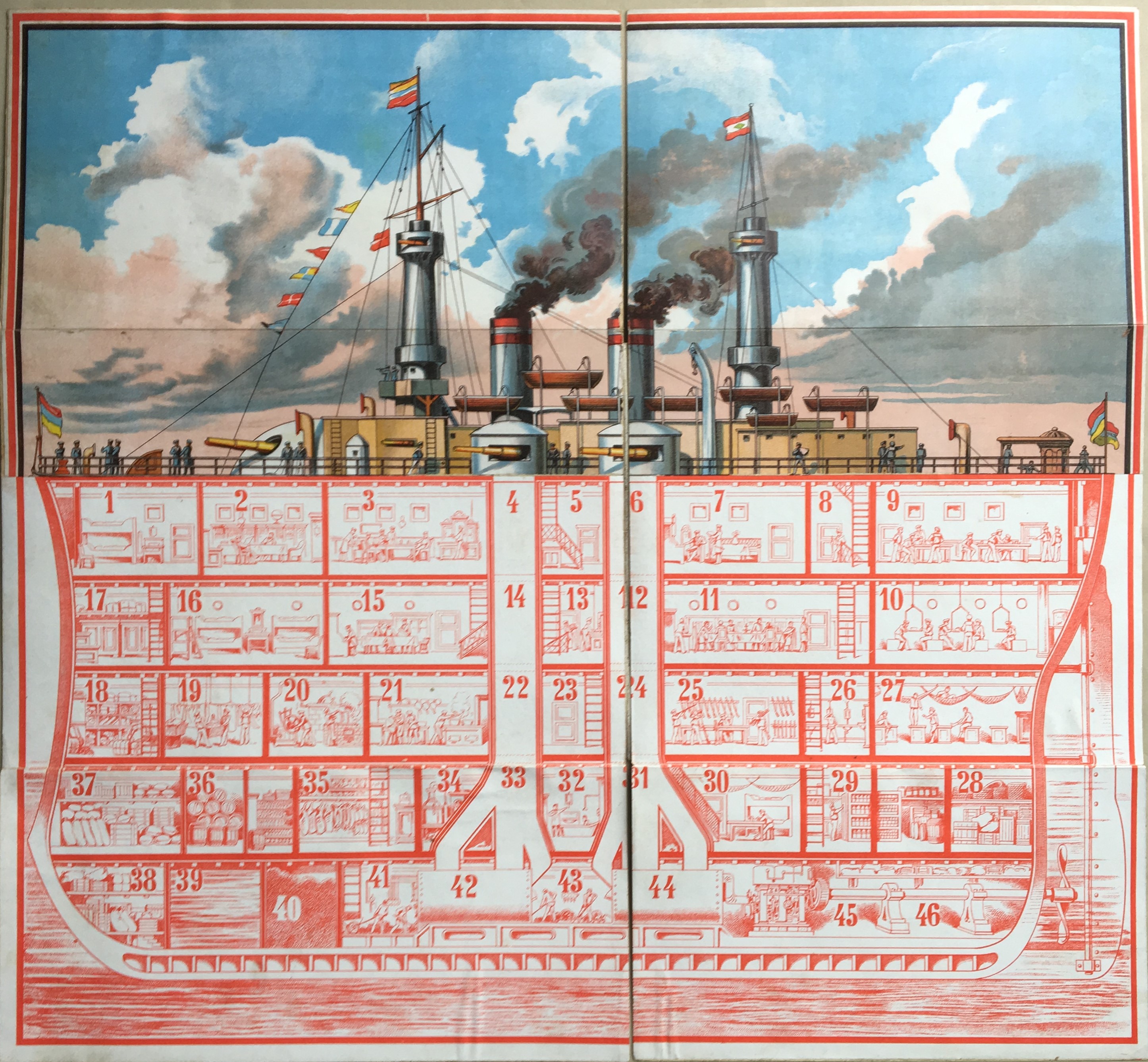 Marine-Spiel board fully open showing ship interior compartments