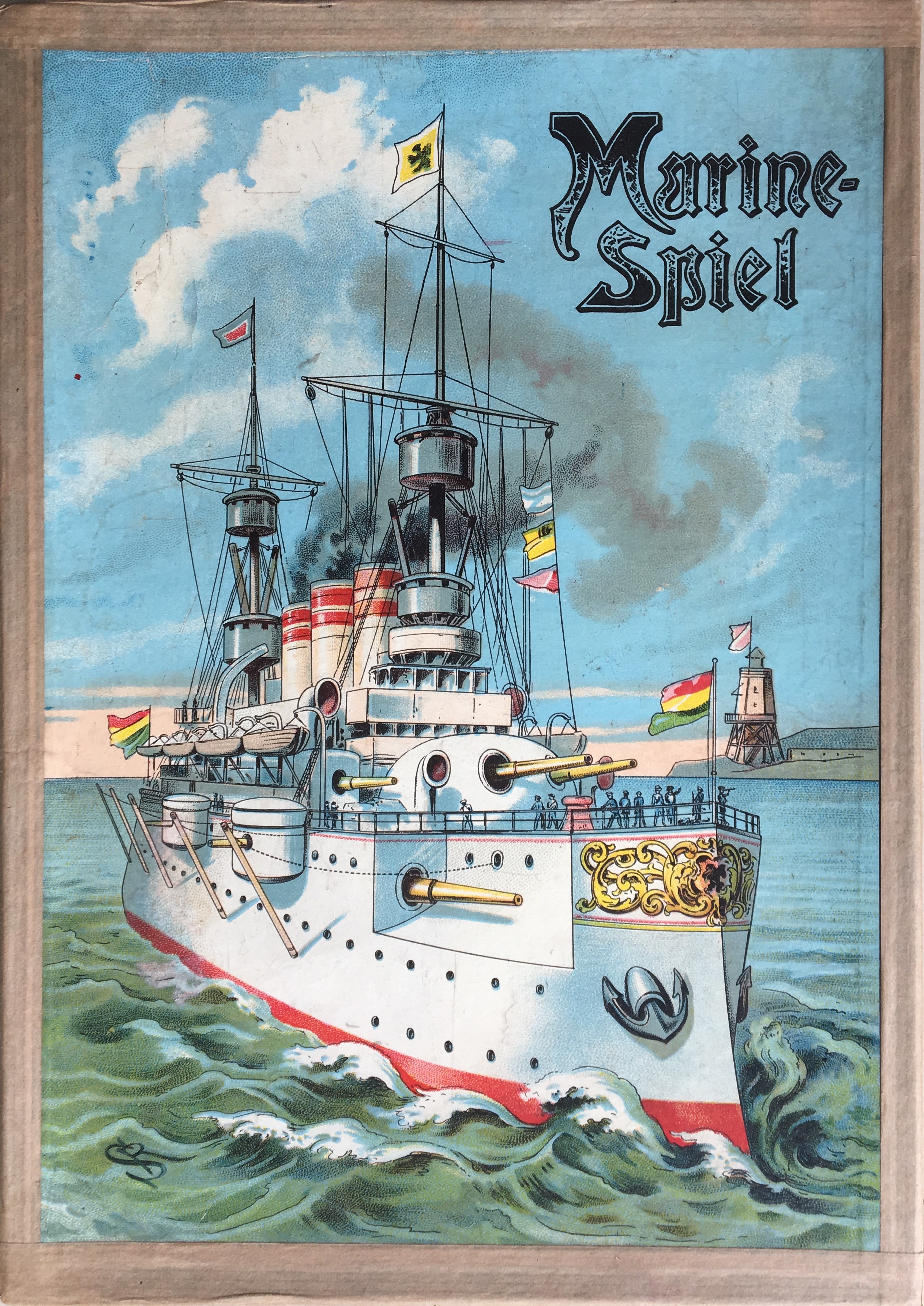 Box cover for Marine-Spiel showing a pre-dreadnought battleship