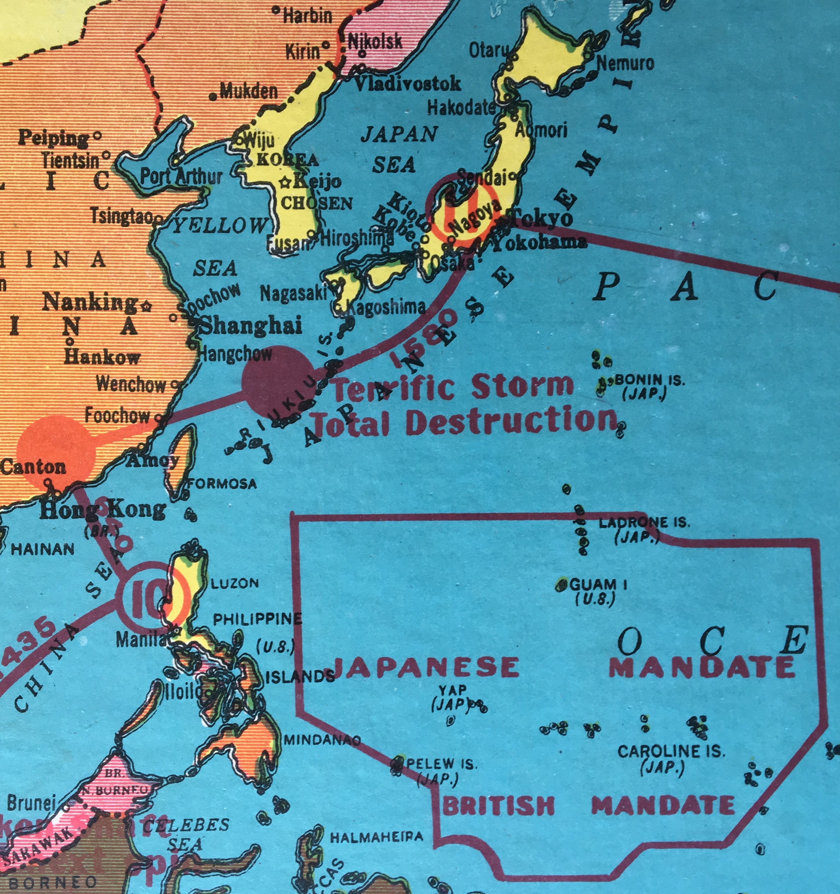 Terrific Storm space near Nagasaki and Hiroshima on Liners and Transports board