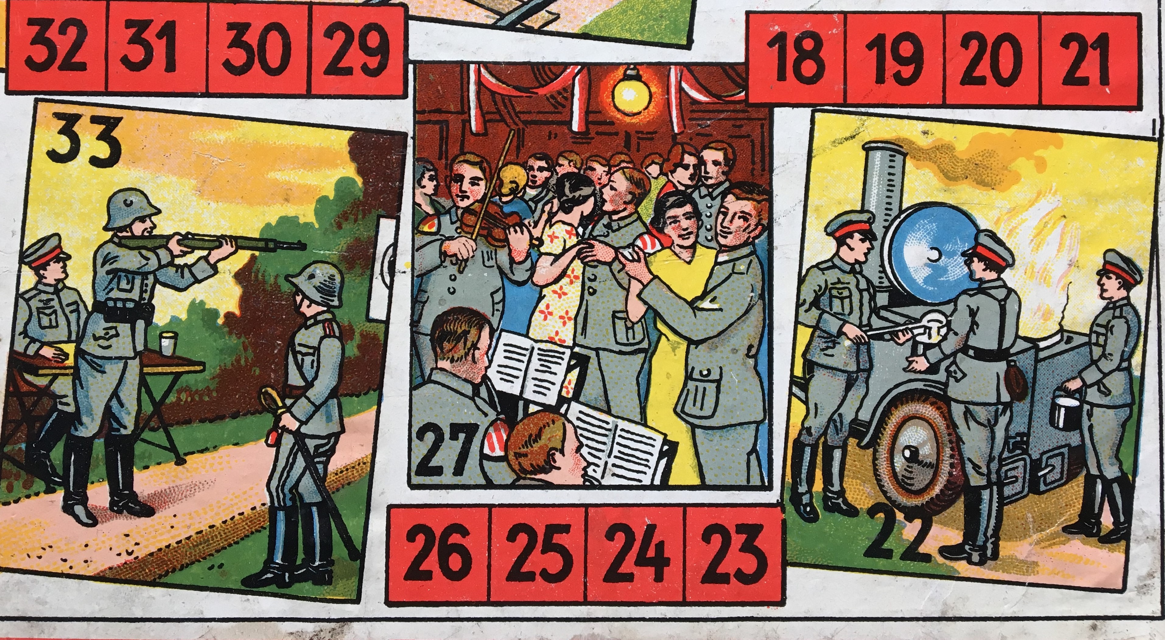 Board illustration of soldiers eating and dancing from Soldaten Kamaraden