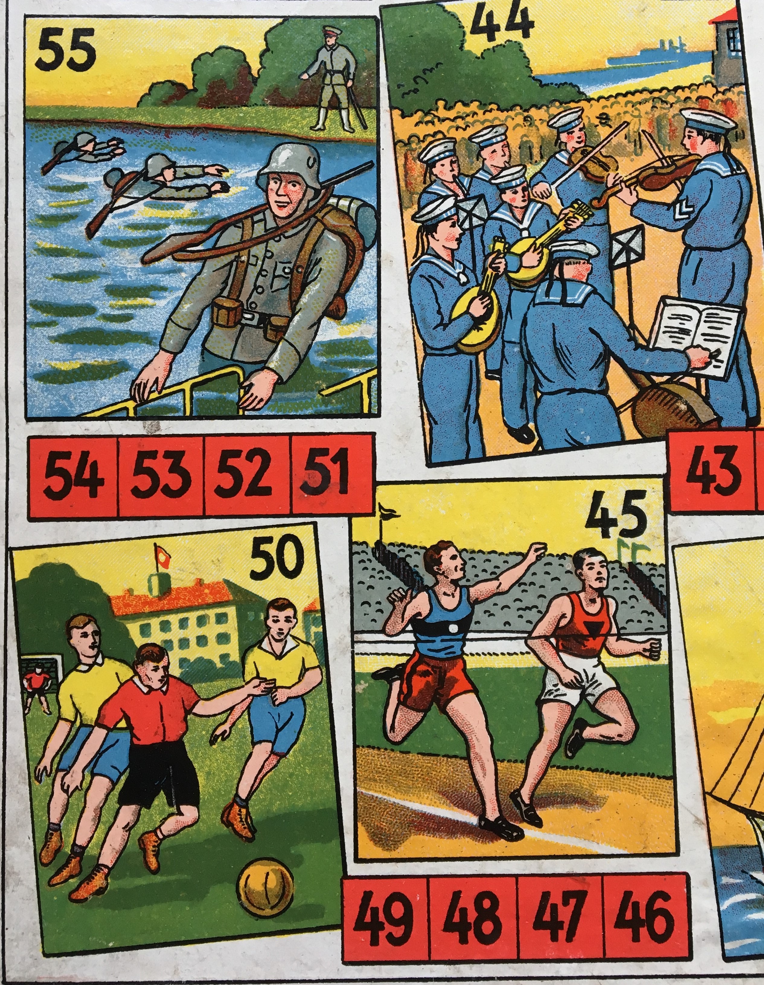 Board illustration of soldiers swimming from Soldaten Kamaraden