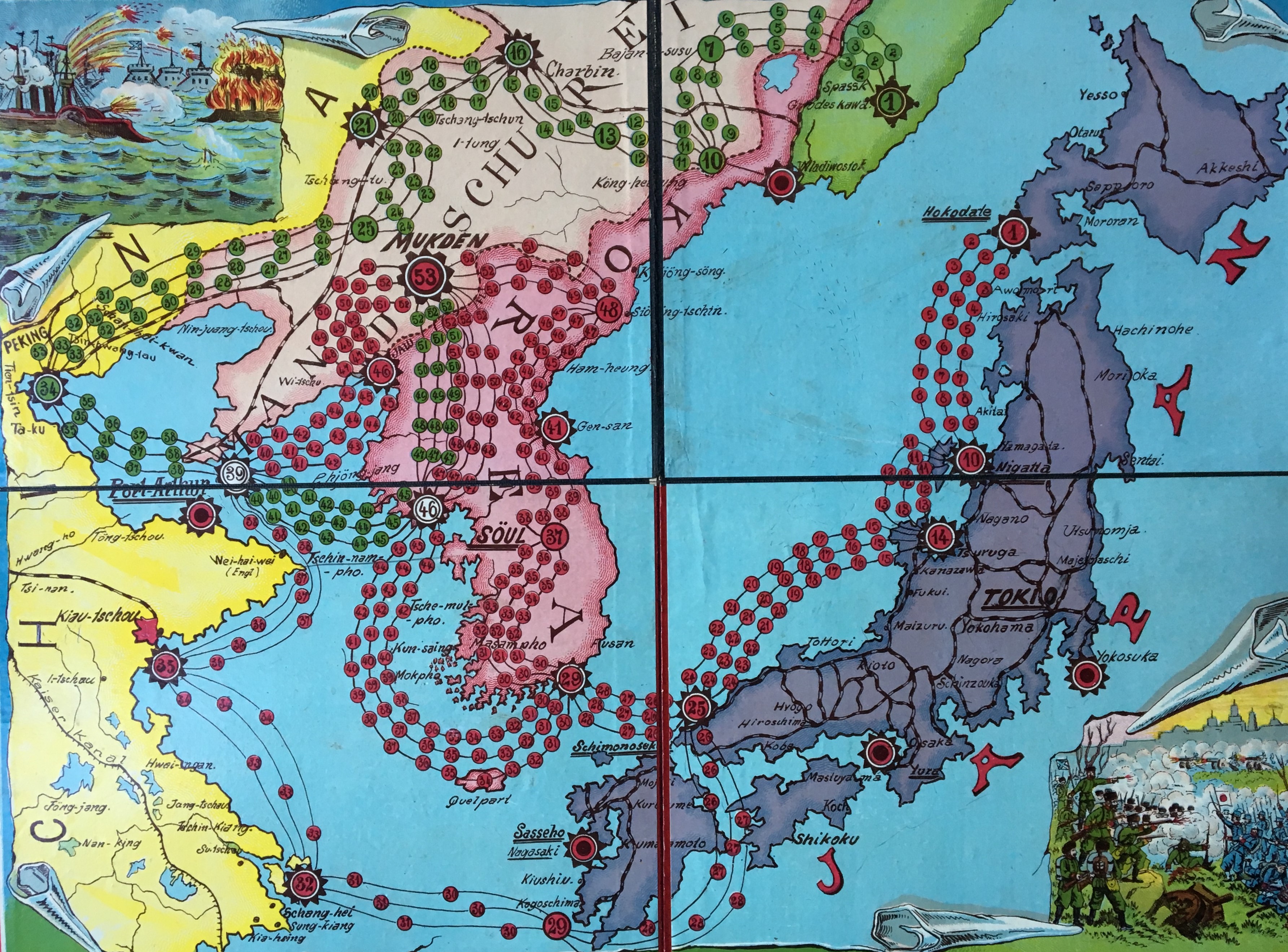 Board for Russische-Japanische Kriegsspiel showing land and sea routes