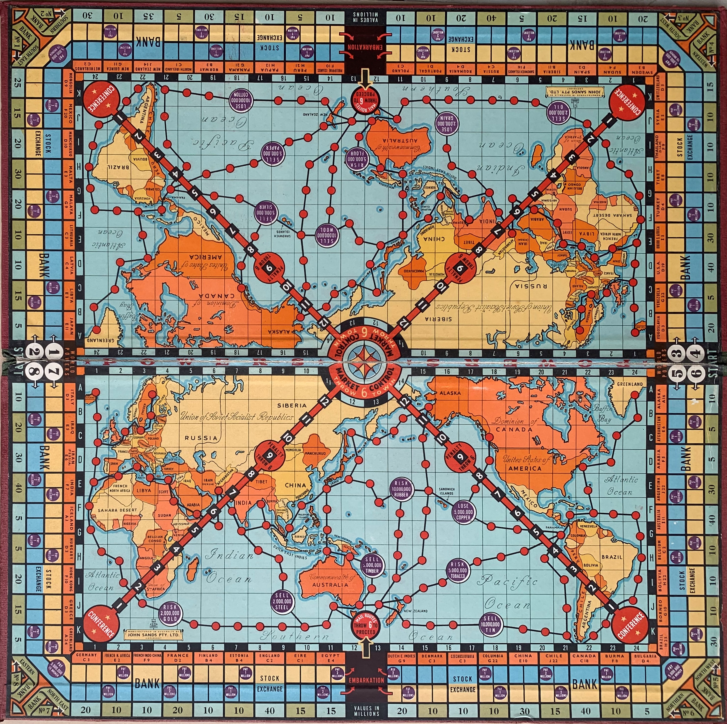 Game board for The Game of Powers with world maps and country track