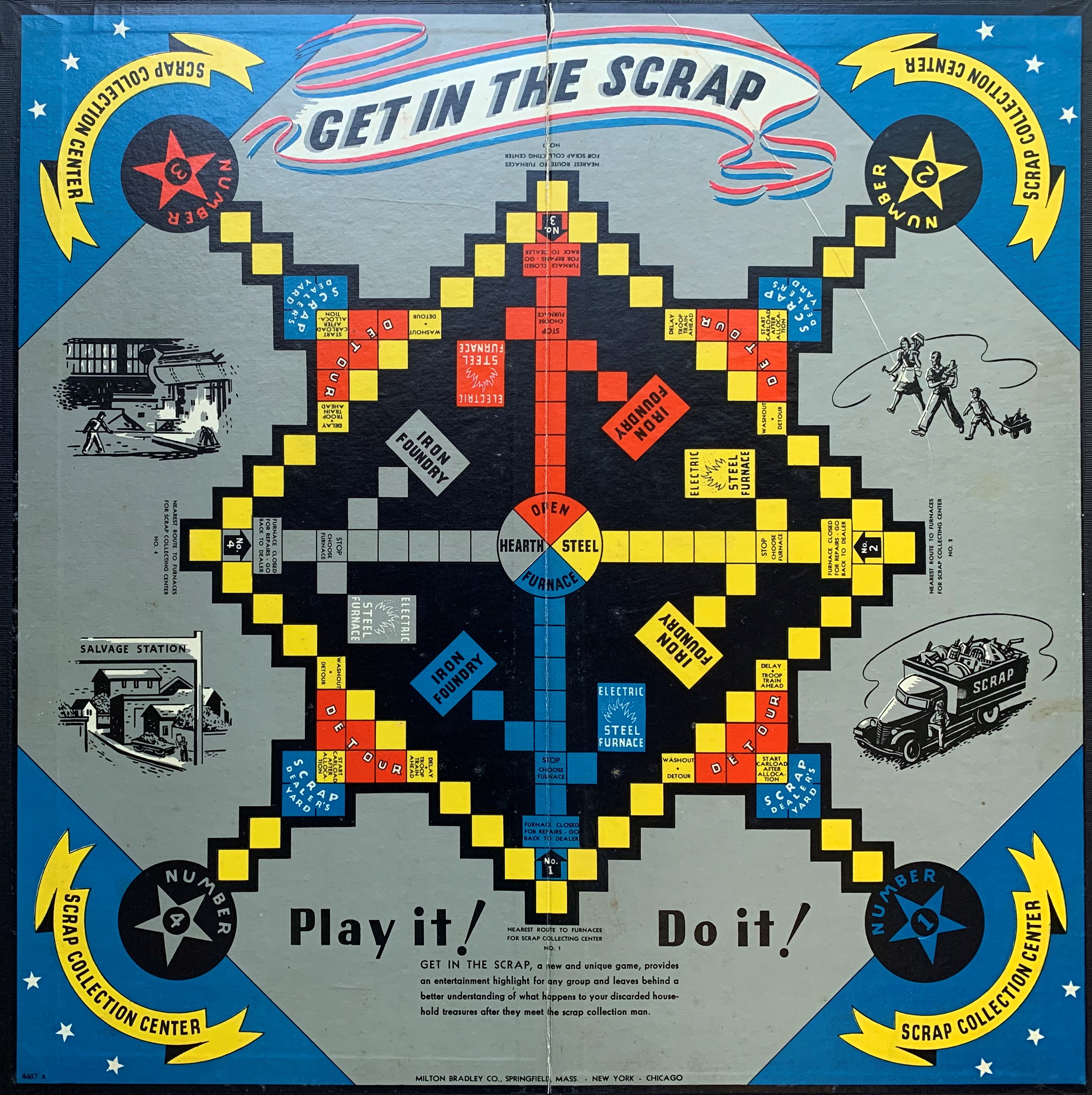 Game board for Get in the Scrap showing steel foundries