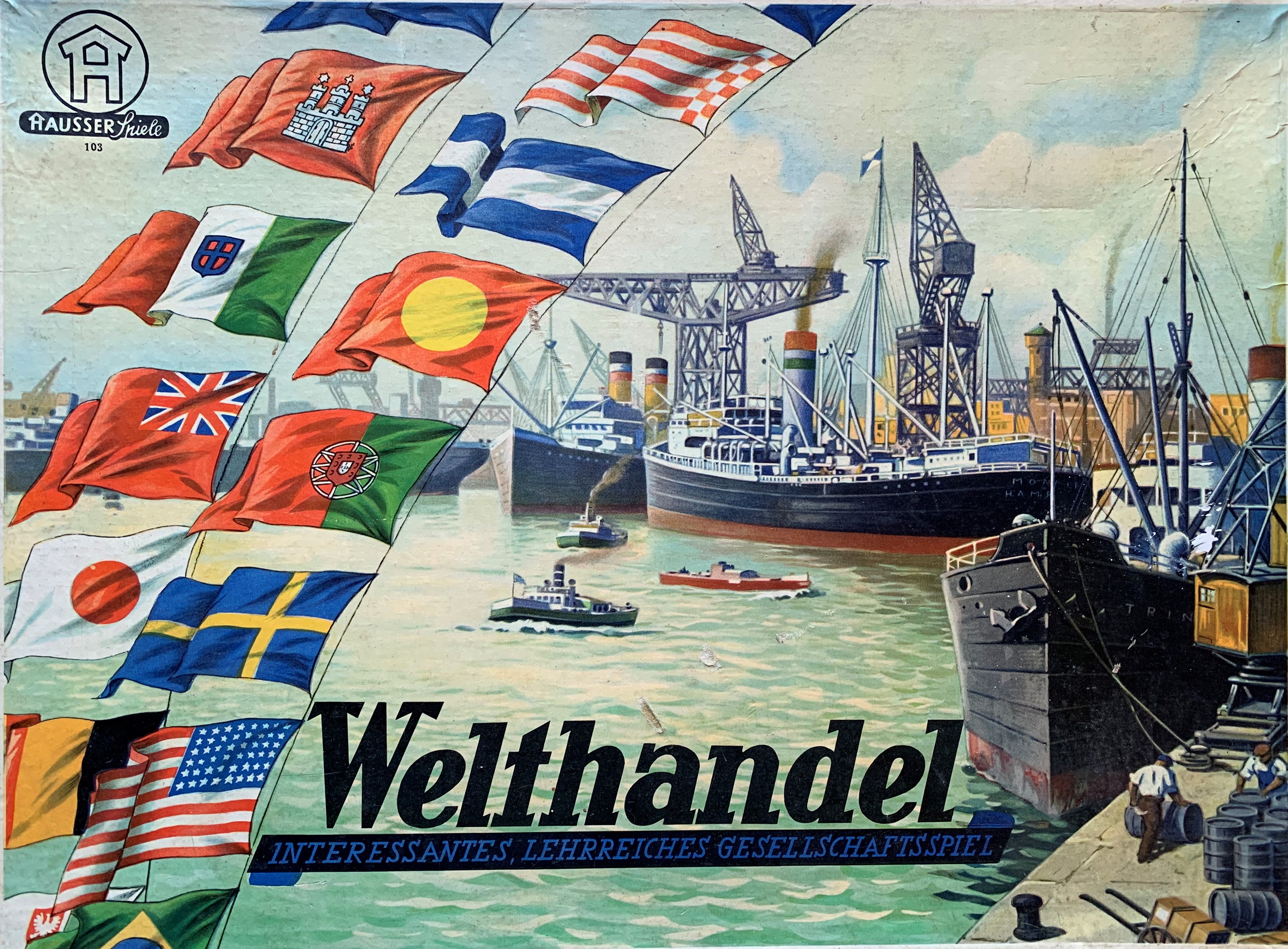 Postwar box cover for Welthandel with fictitious flag replacing the swastika