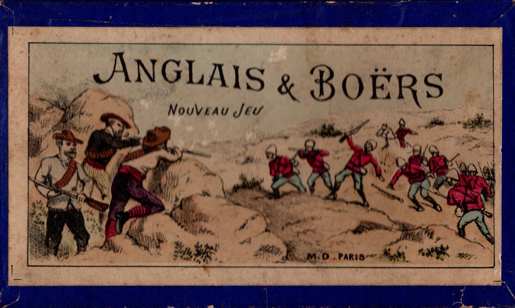 Box top for Anglais et Boërs showing British troops under fire