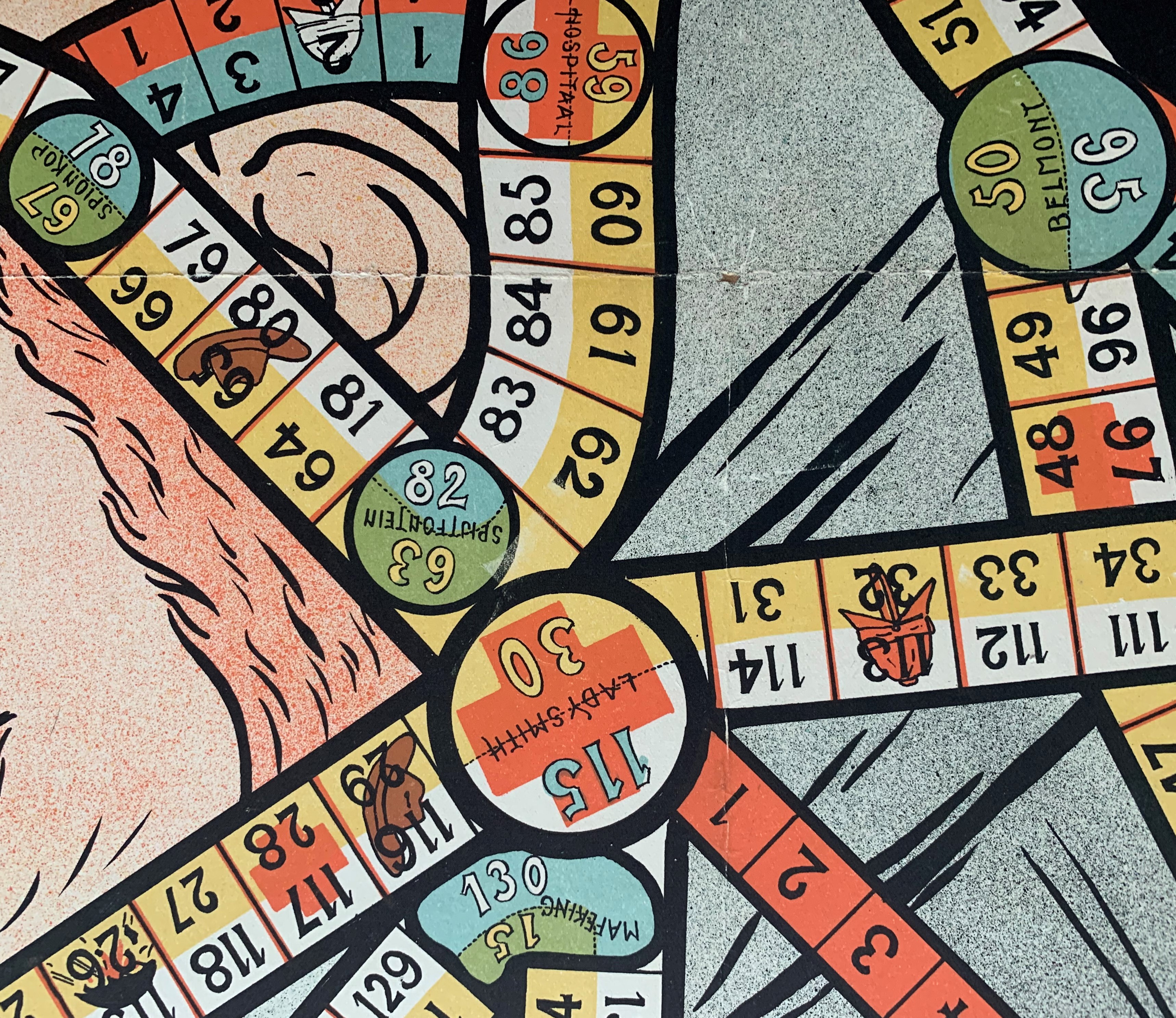 Detail from Boer en Rooineckspel showing Ladysmith on the game tracks