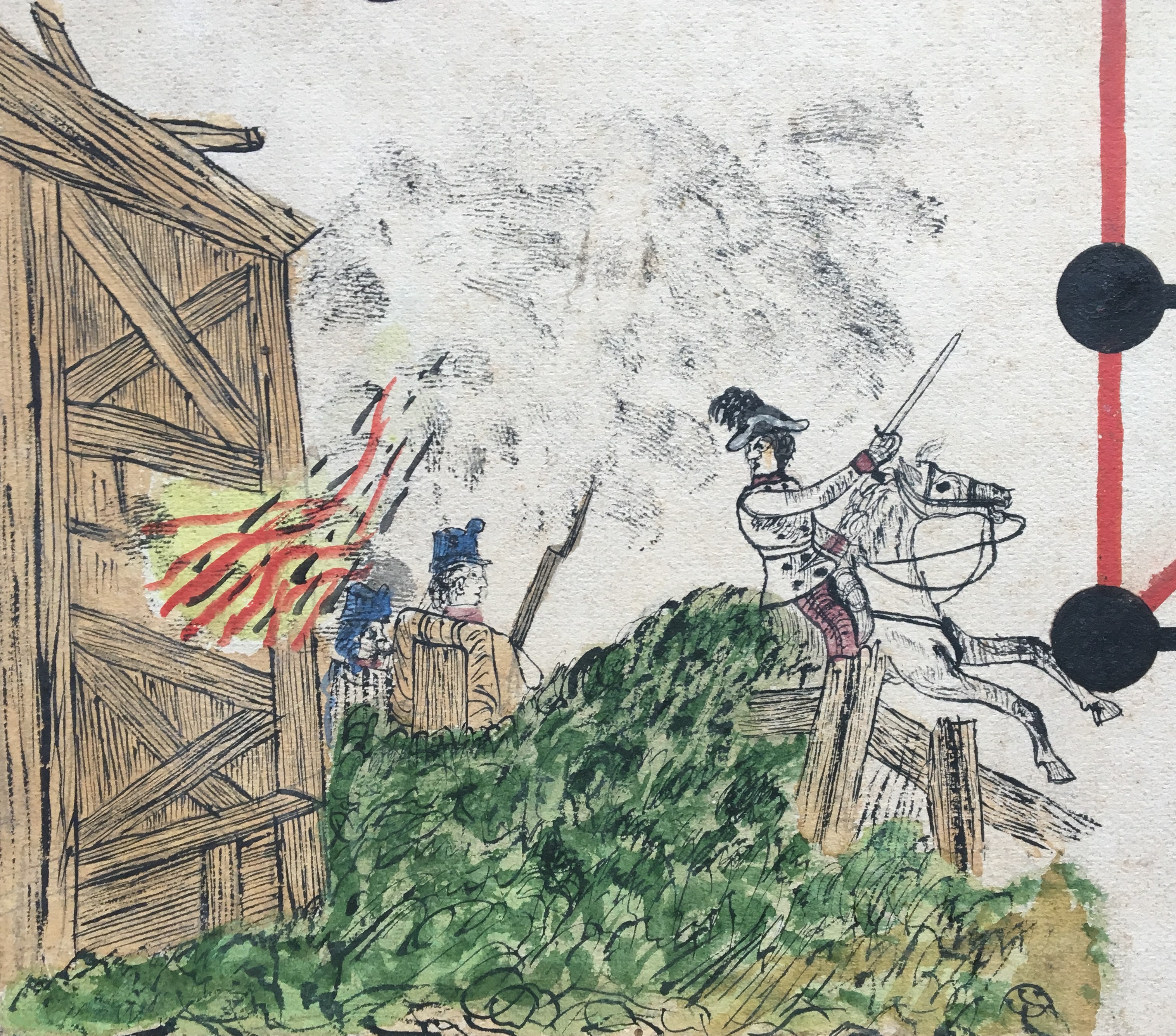 Hand-colored illustration of a Napoleonic cavalry officer leading troops from a burning village