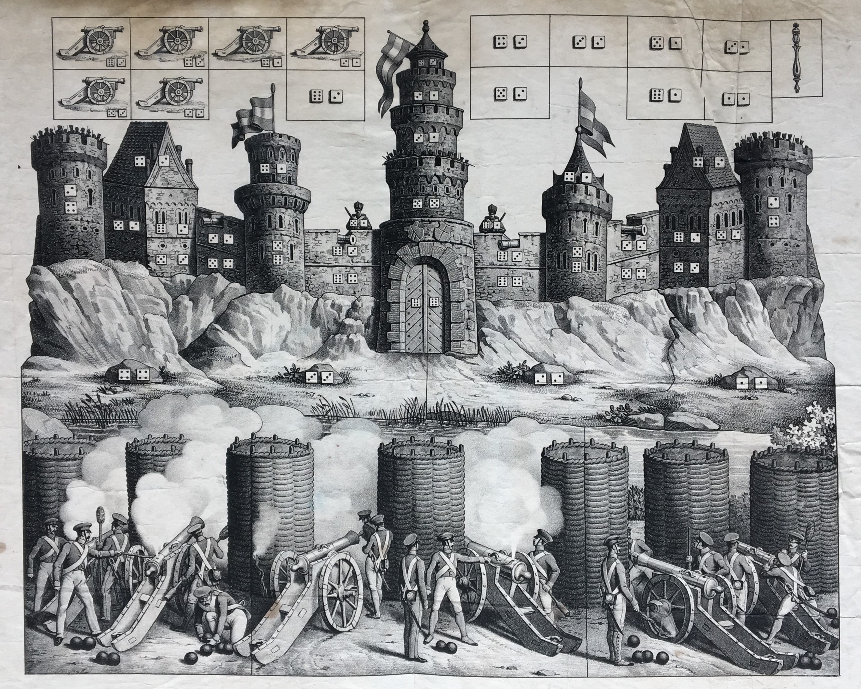 Full sheet for the 1840 Belagerungsspiel showing fortress and attacking guns