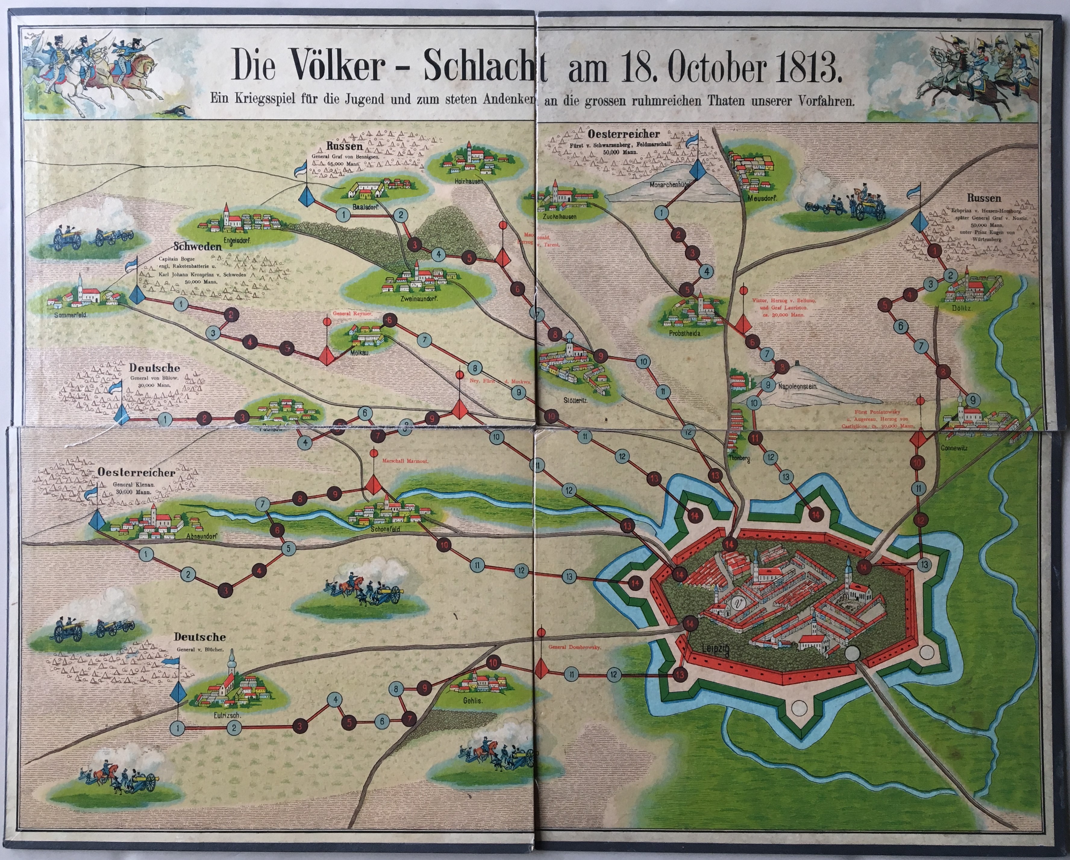 Game board for Die Schlacht bei Leipzig showing multiple tracks toward the city