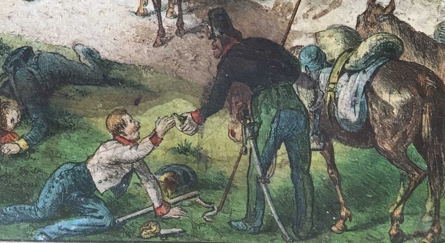 Detail from Leipzig box art showing a soldier offering water to a wounded comrade