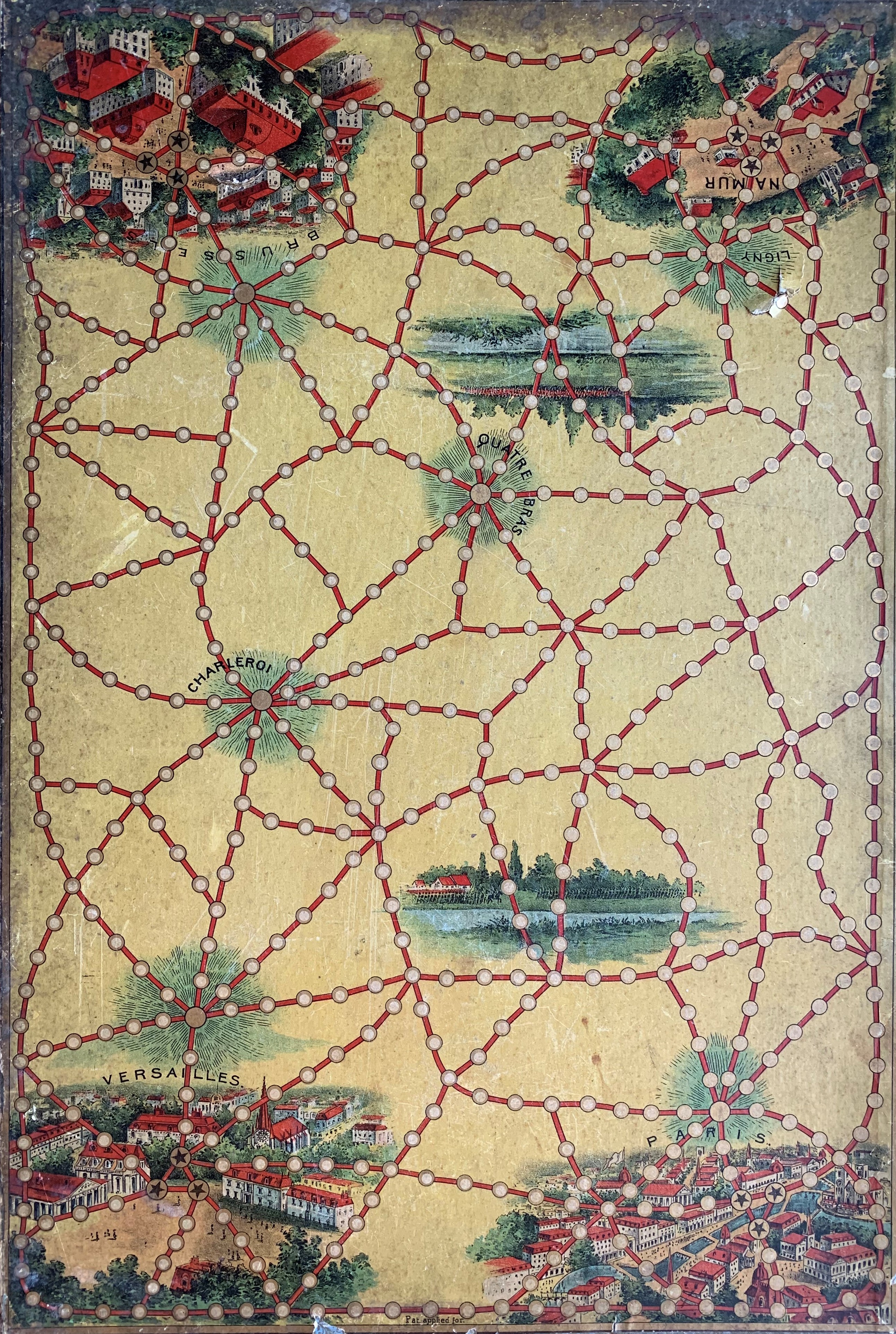 Waterloo game board showing Belgium and northern France with dotted movement lines