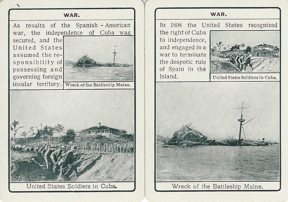 Cards from Our National Life showing the Maine wreckage and Cuba land forces