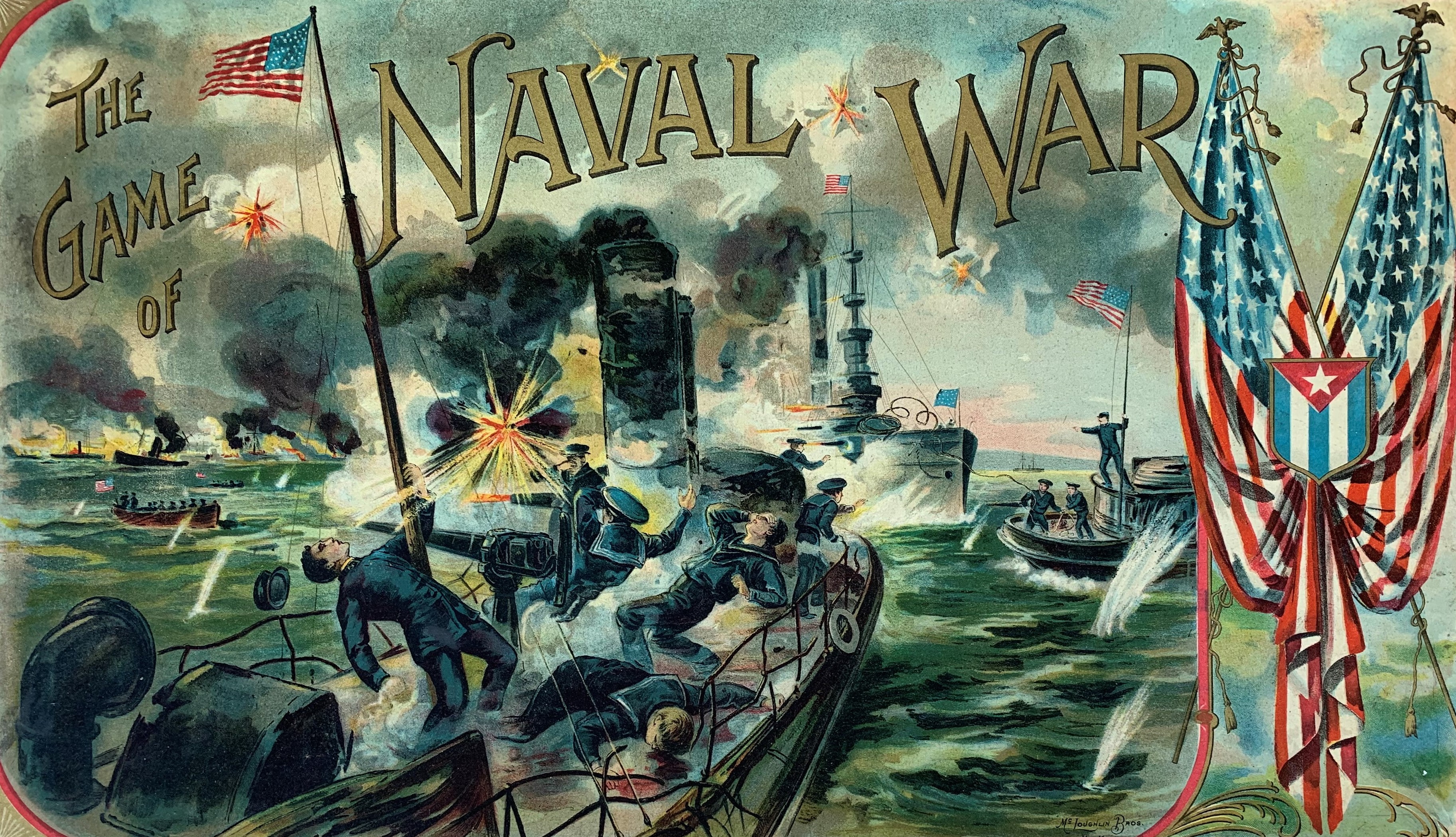 Box art for The Game of Naval War showing wounded American sailors