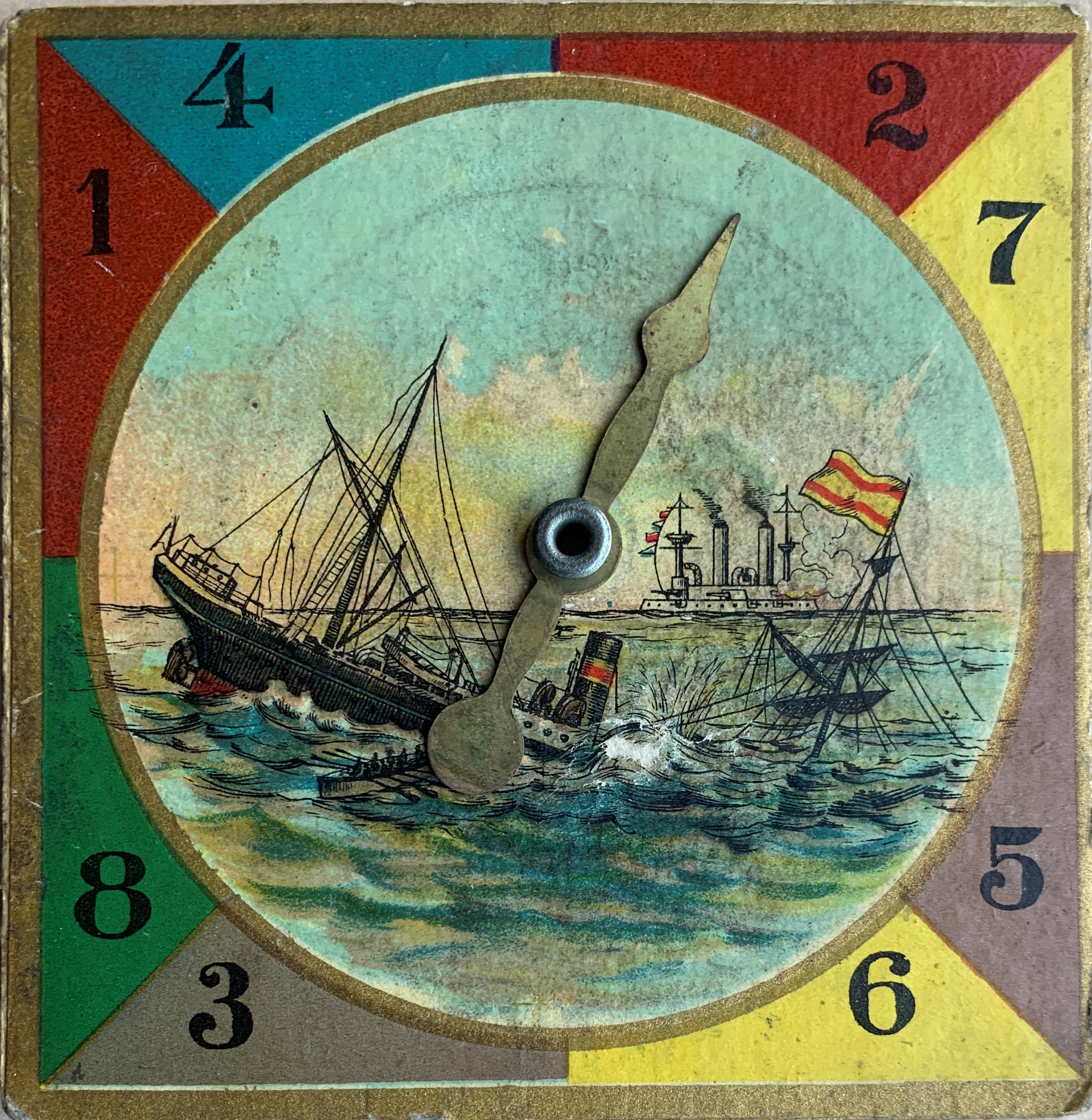 Spinner from The Game of Naval War showing a sinking Spanish ship