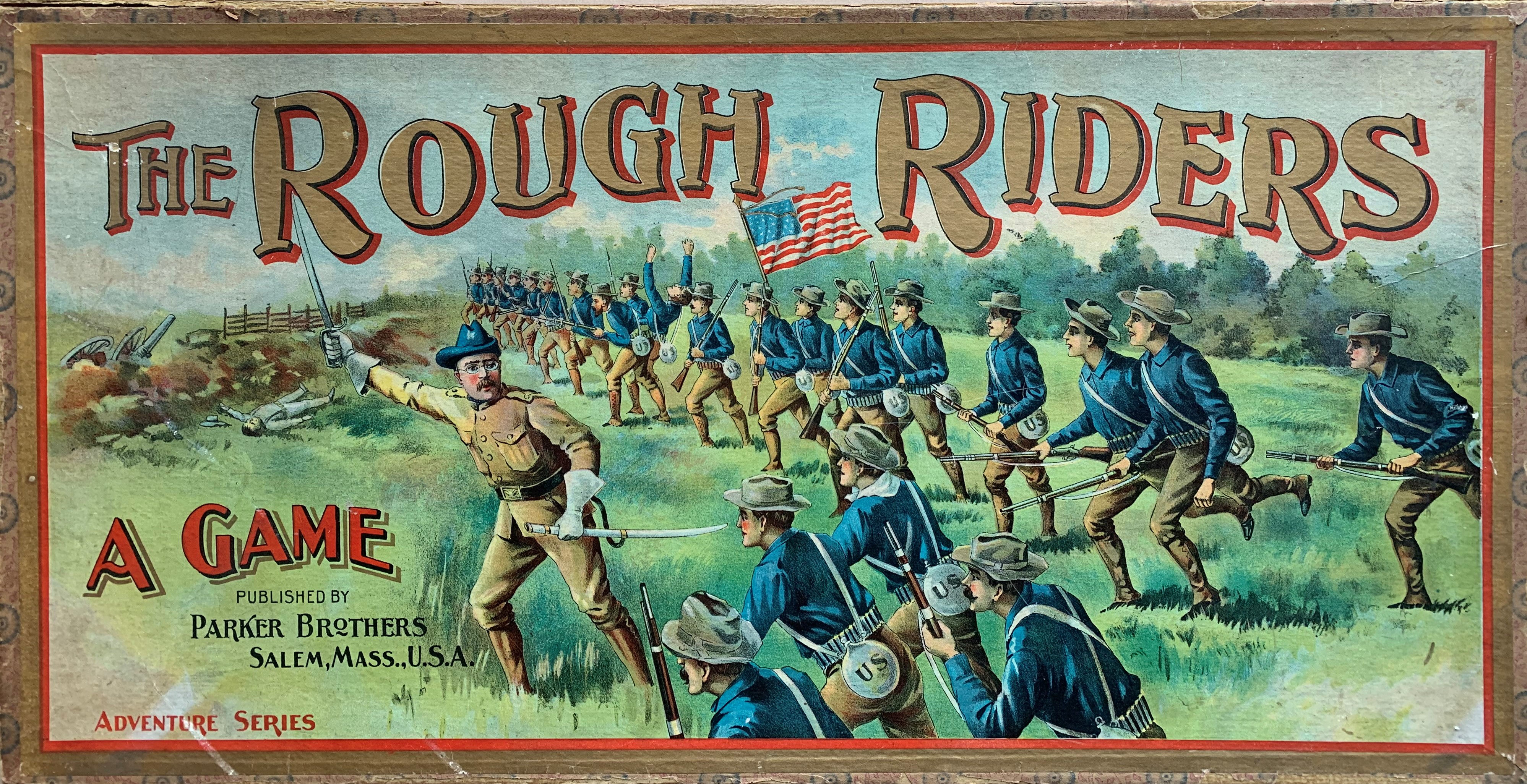 Box cover for The Rough Riders showing Theodore Roosevelt leading a charge