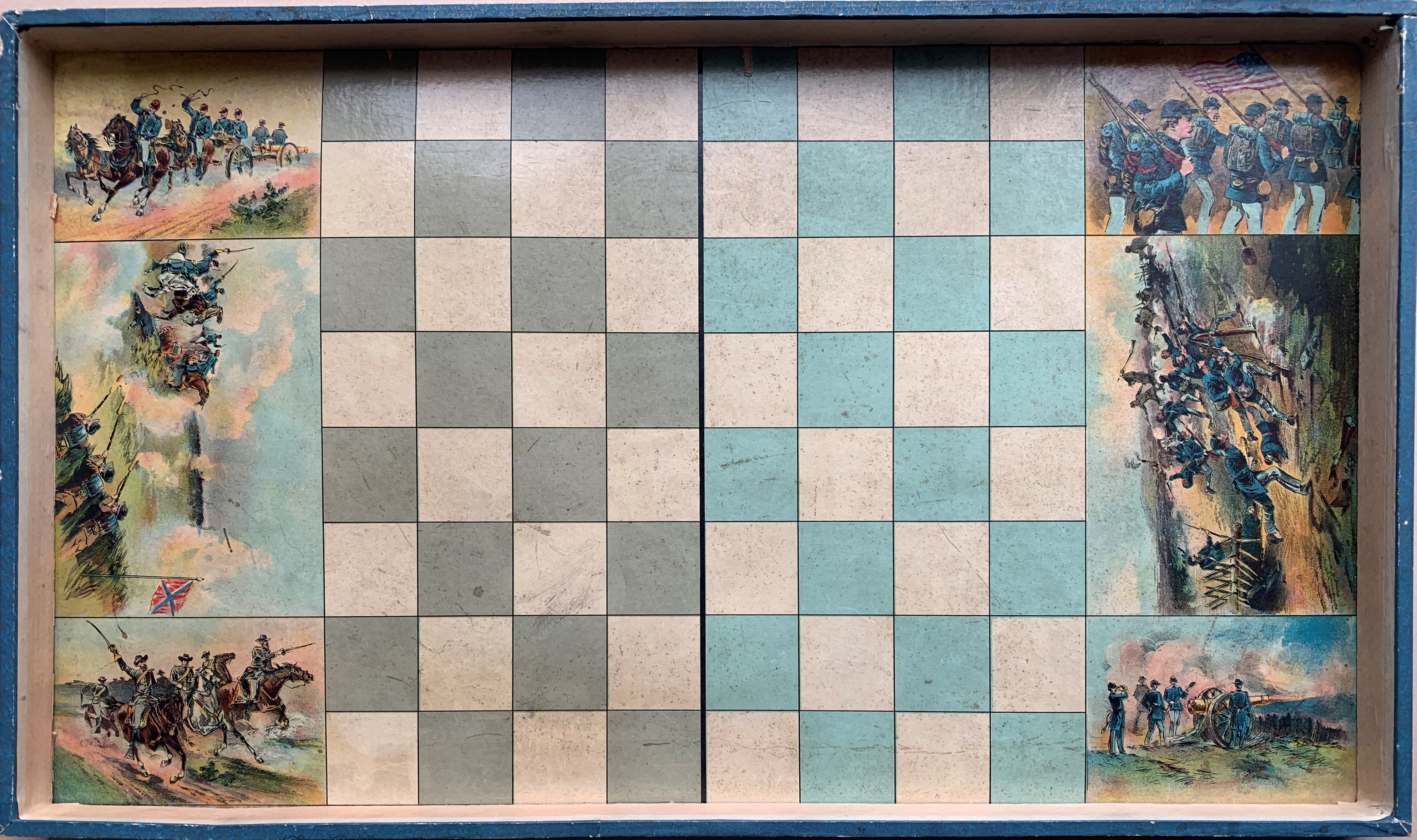 Civil War checkers and chess board with military illustrations