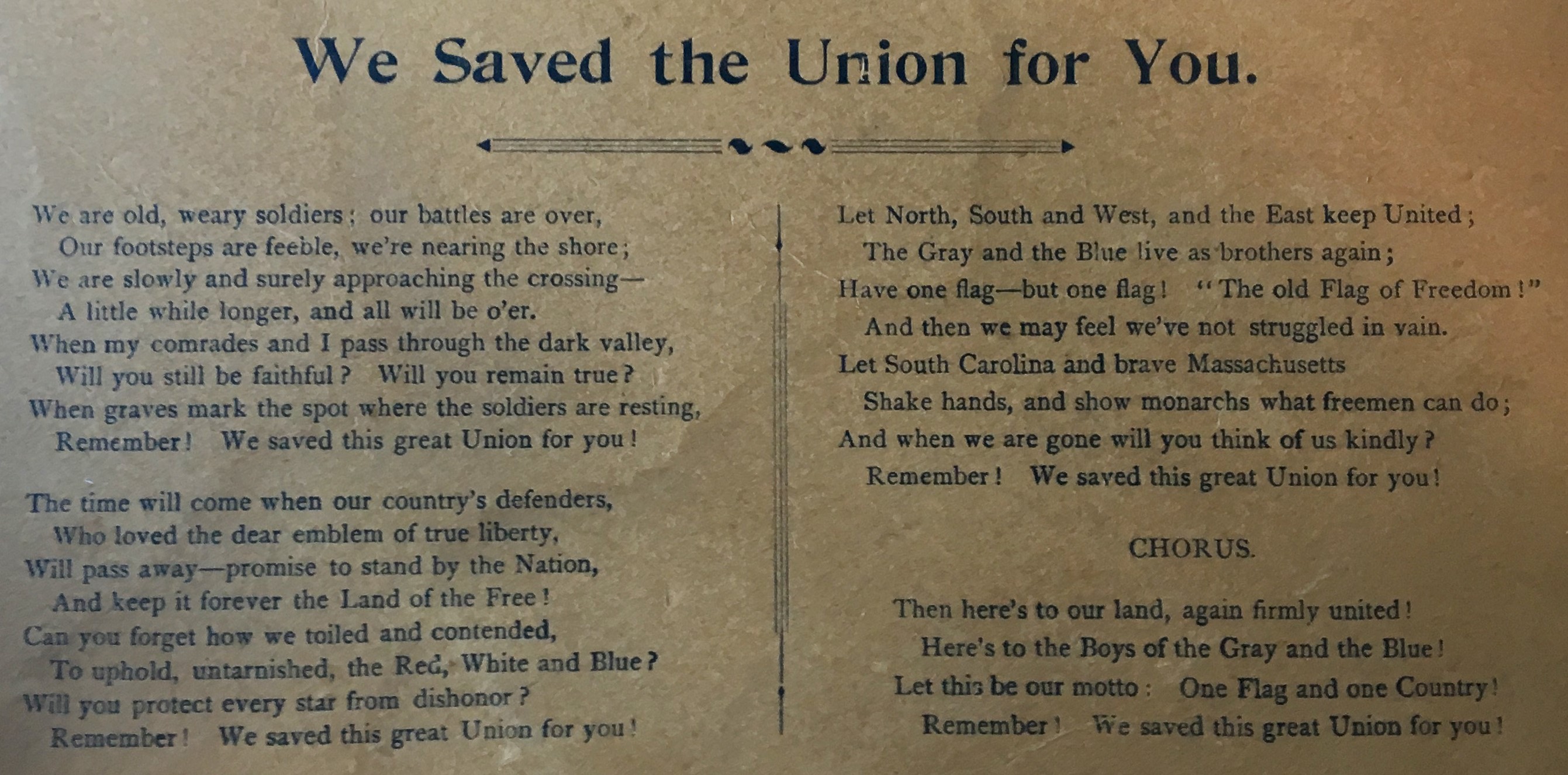 Lyrics of We Saved the Union for You on the back of the board