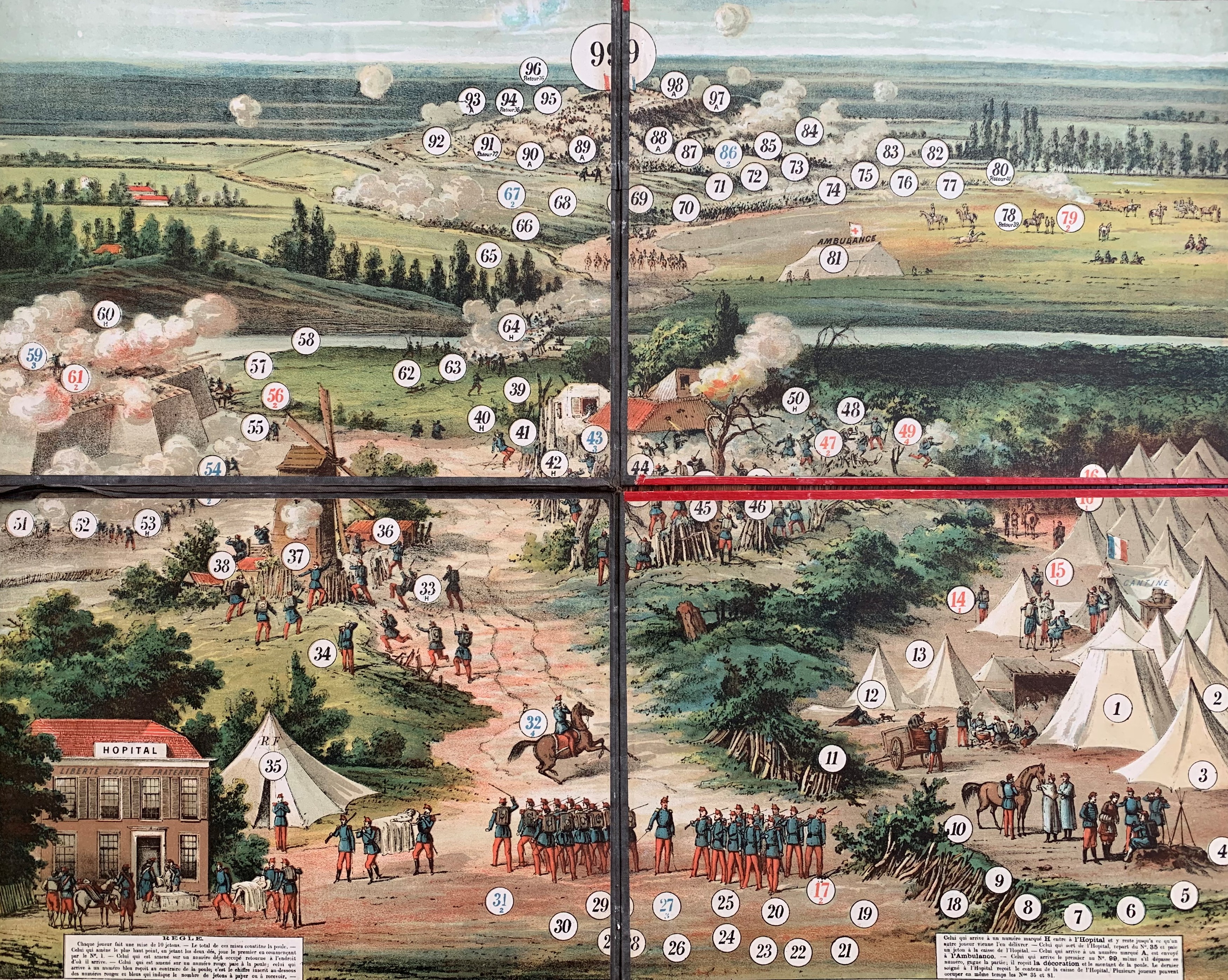 French 19th-century war game board with hospital and ambulance spaces