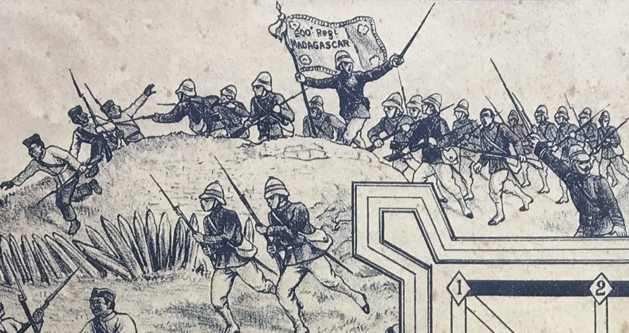 Detail showing the 200th Regiment flag on the Jeu d'Assault board