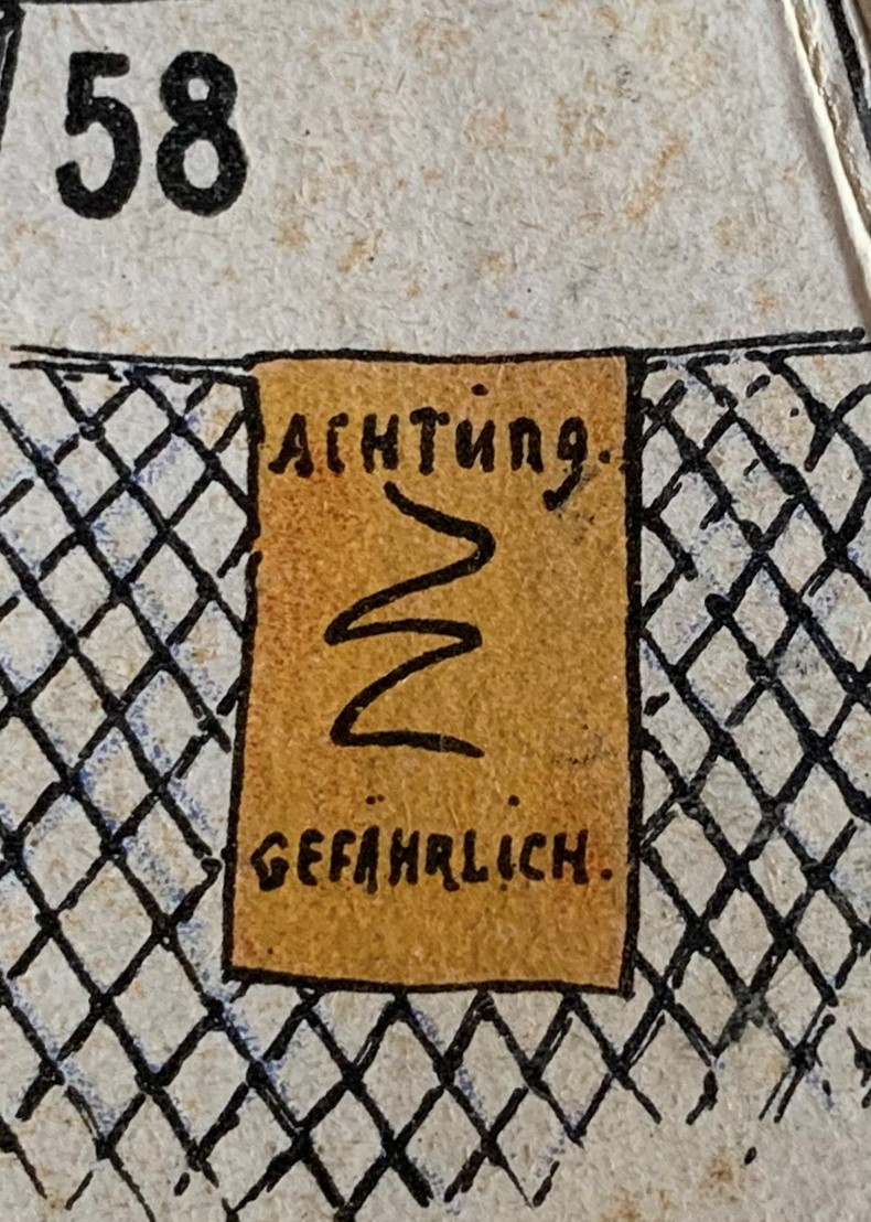 Board illustration of the electric fence around the prison camp