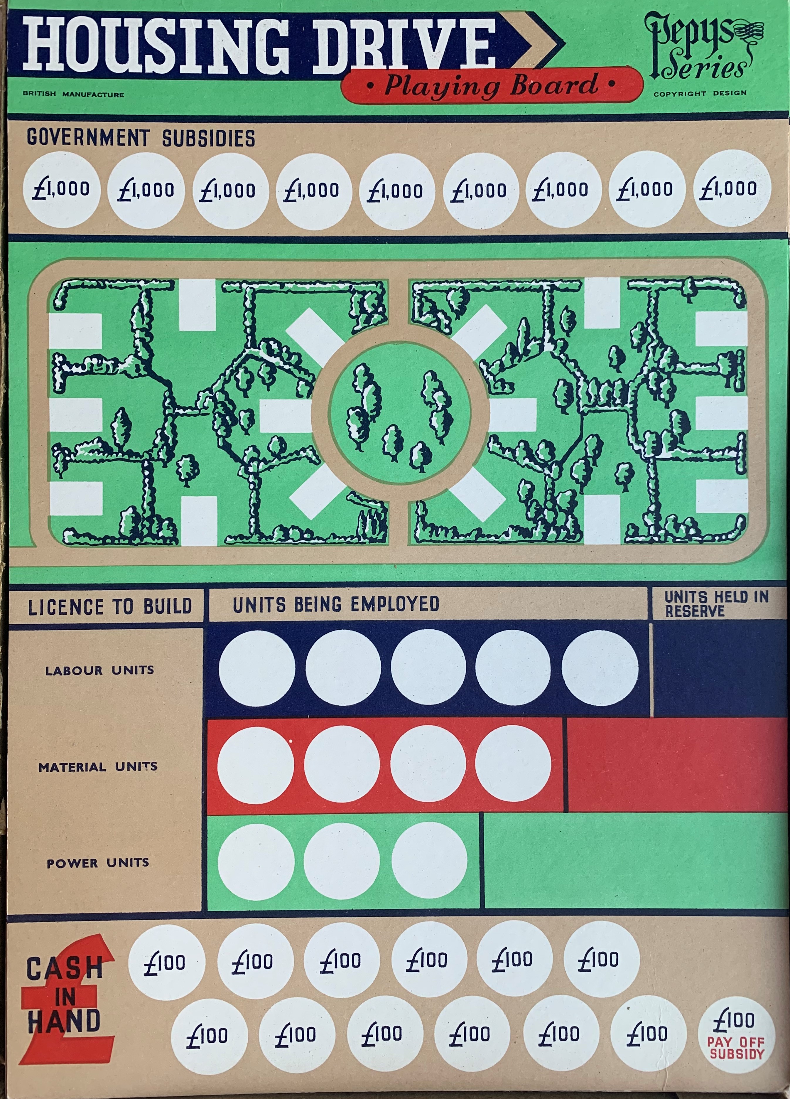 Player development card from Housing Drive showing housing estate spaces