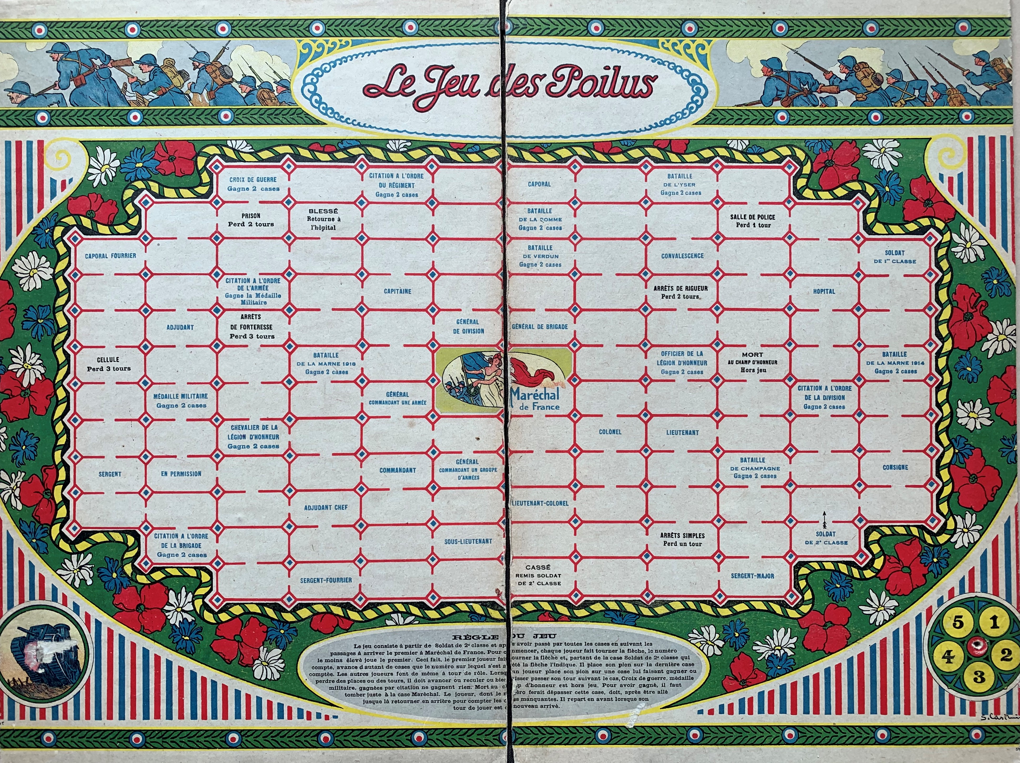 Game board for Jeu des Poilus with wreath of red, white and blue flowers