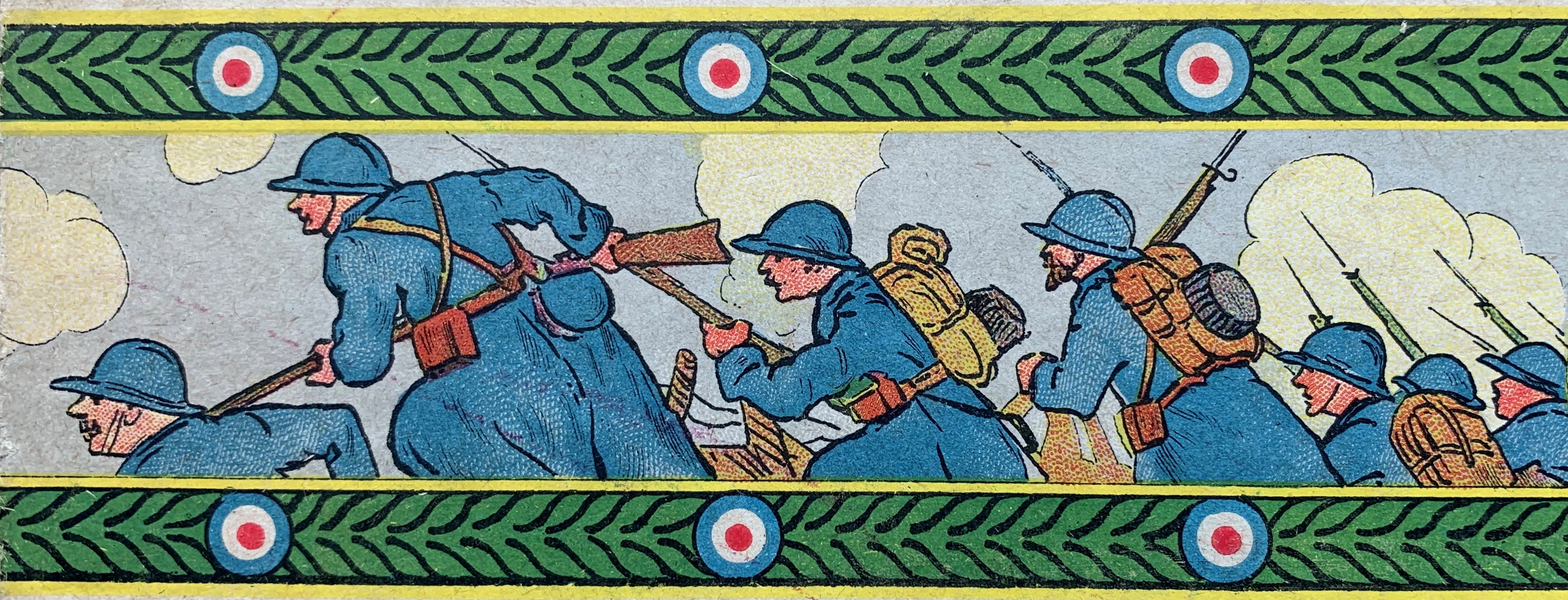 Attacking French troops illustrated across the top of the Poilus board