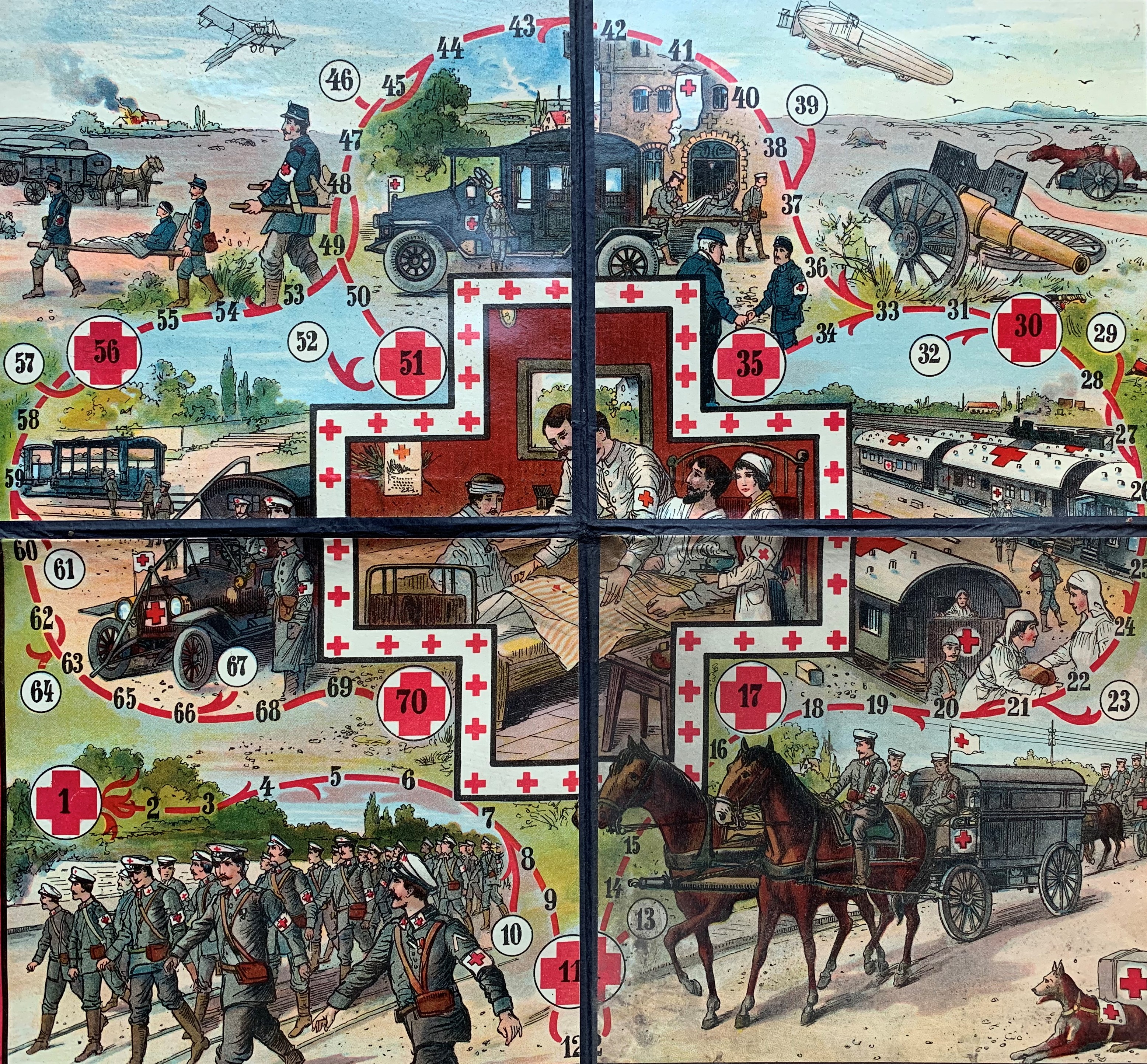 Game board showing medical corps activities from recruitment to hospital care