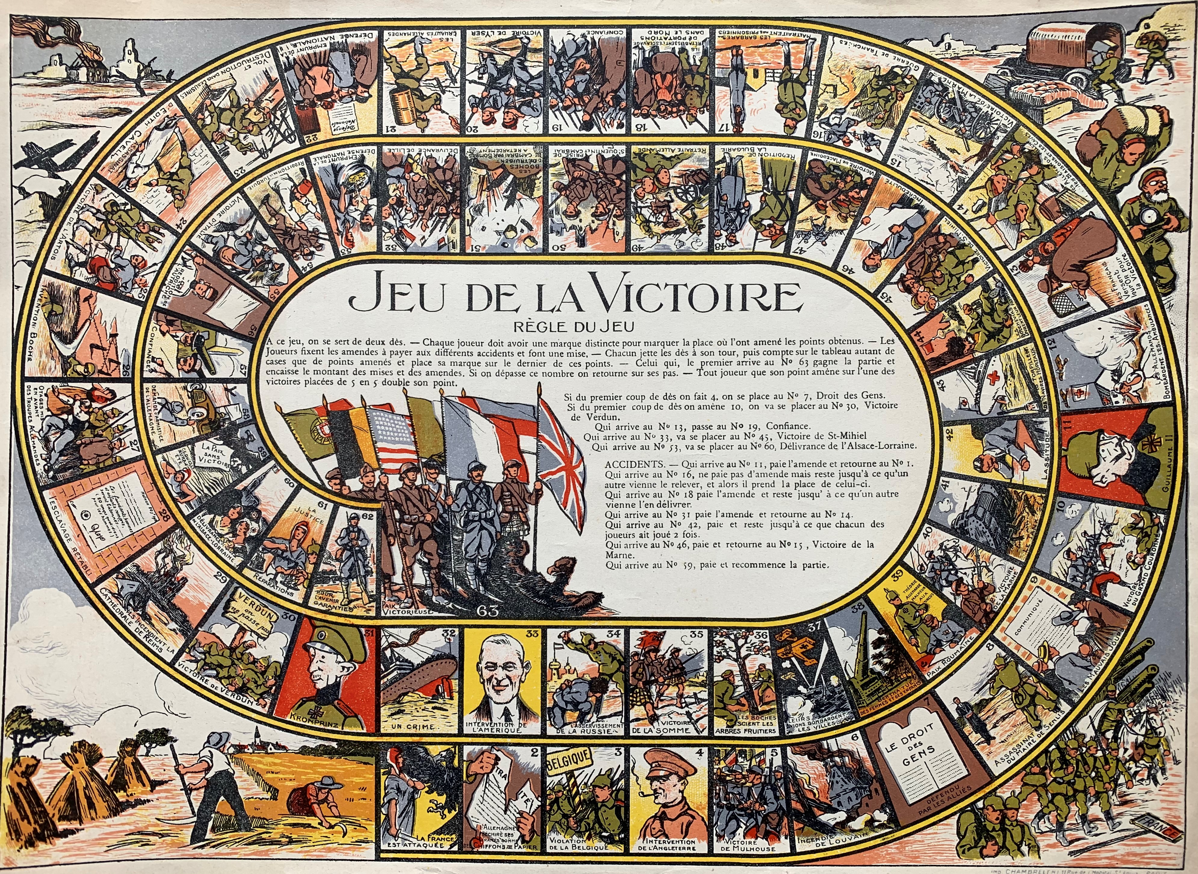 Full game board for Jeu de la Victoire with illustrated war scenes on every space