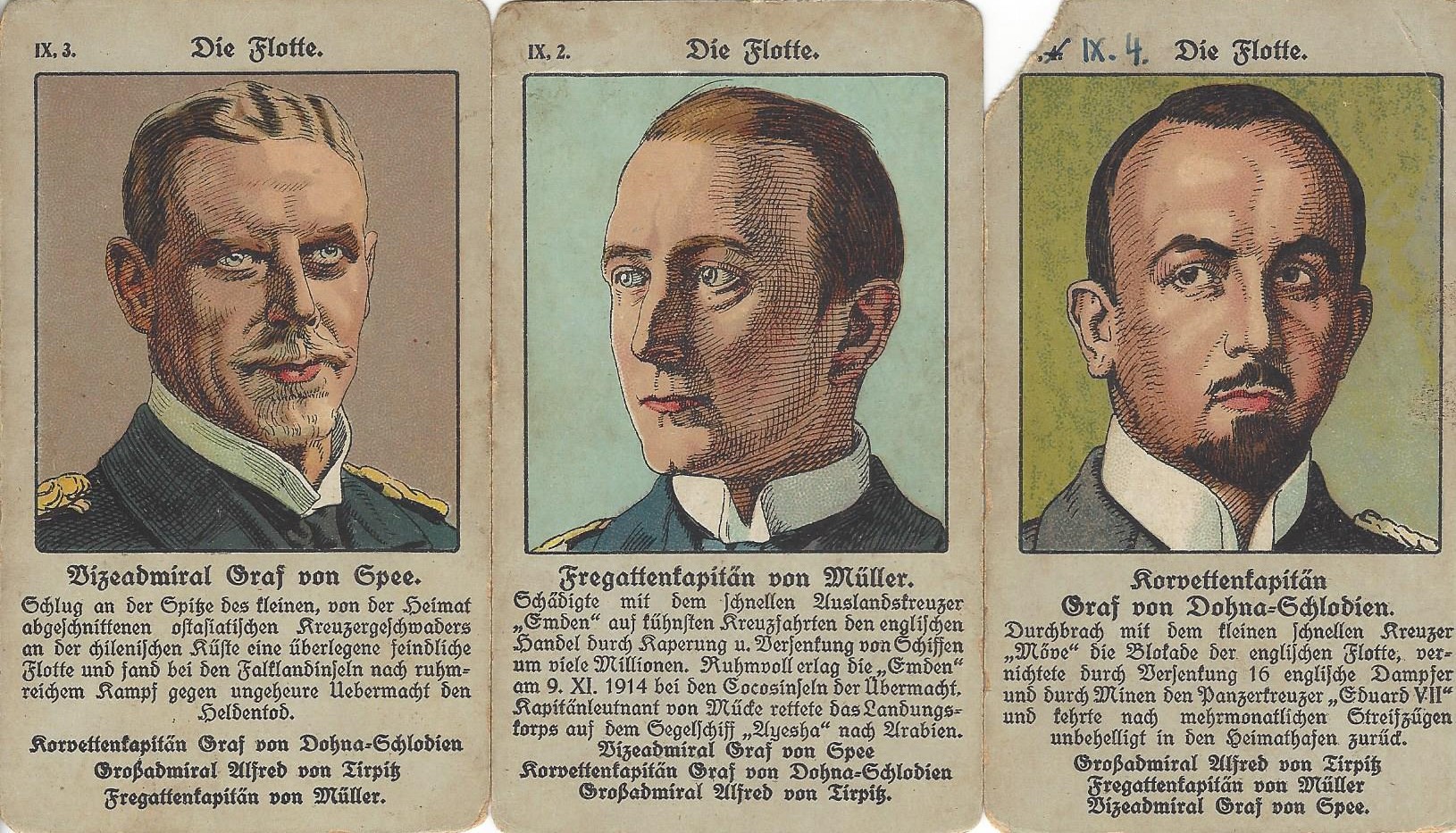 Quartett cards featuring von Spee, von Muller and zu Dohna-Schlodien