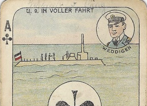 Ace of Clubs from a wartime Skat deck showing U-9 and Weddigen