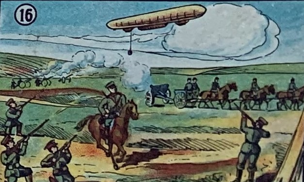 Russian soldiers firing at a German airship on the Tannenberg game board