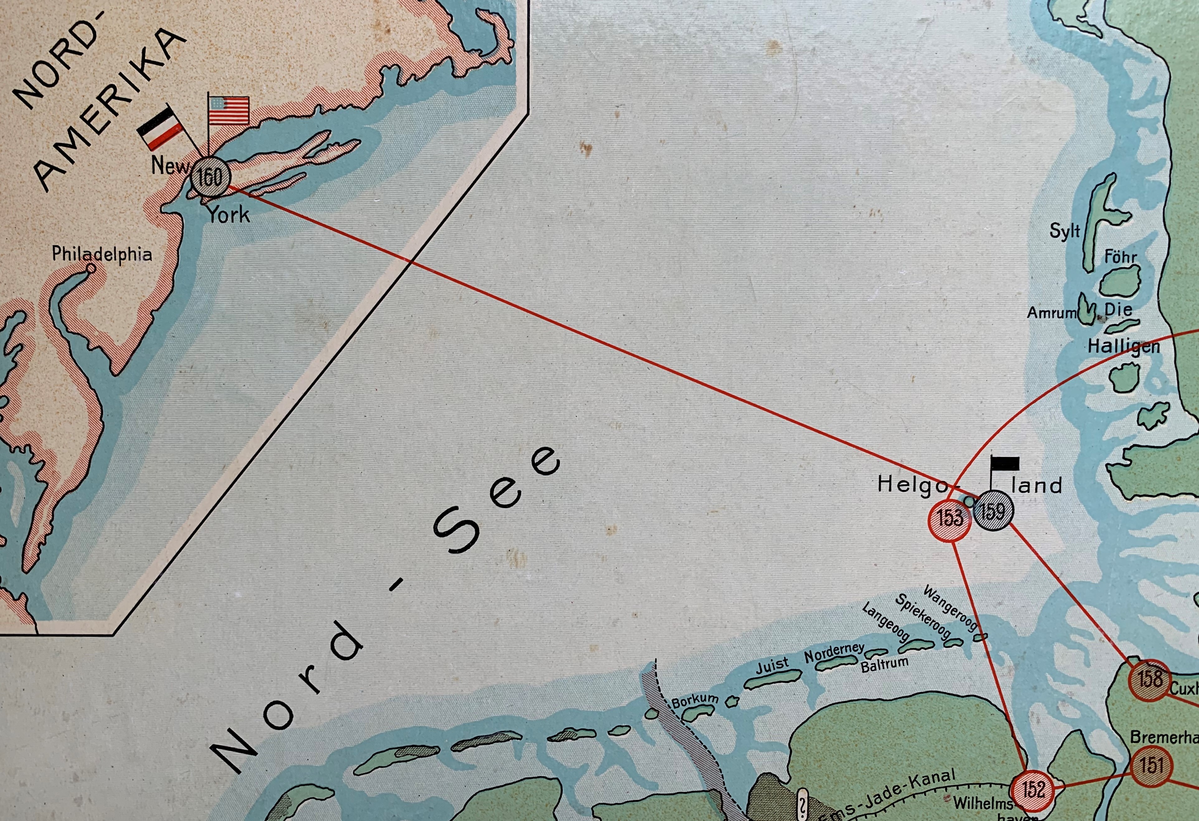 Helgoland and North America detail on the Zeppelin-Spiel board