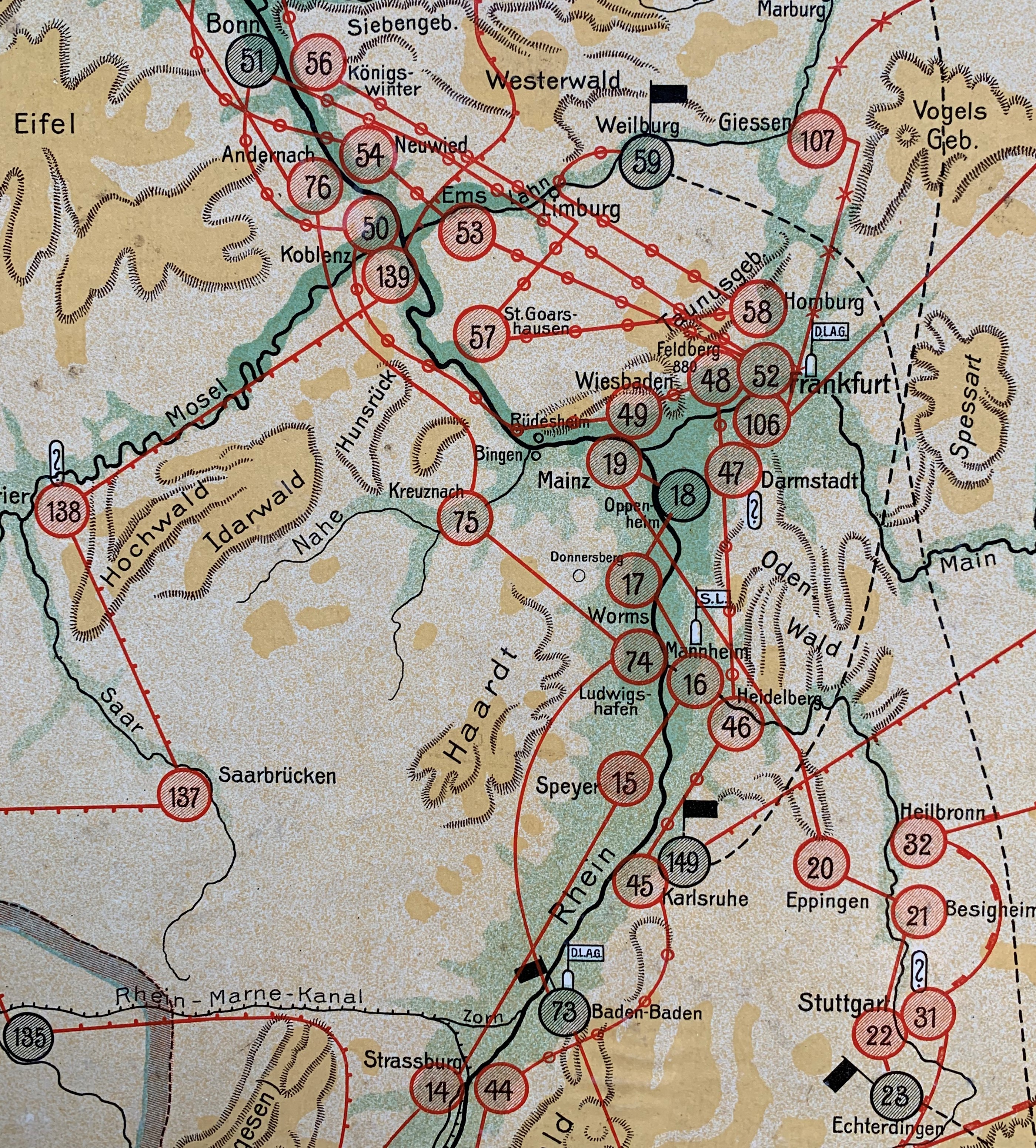 Rhein valley detail on the Zeppelin-Spiel board