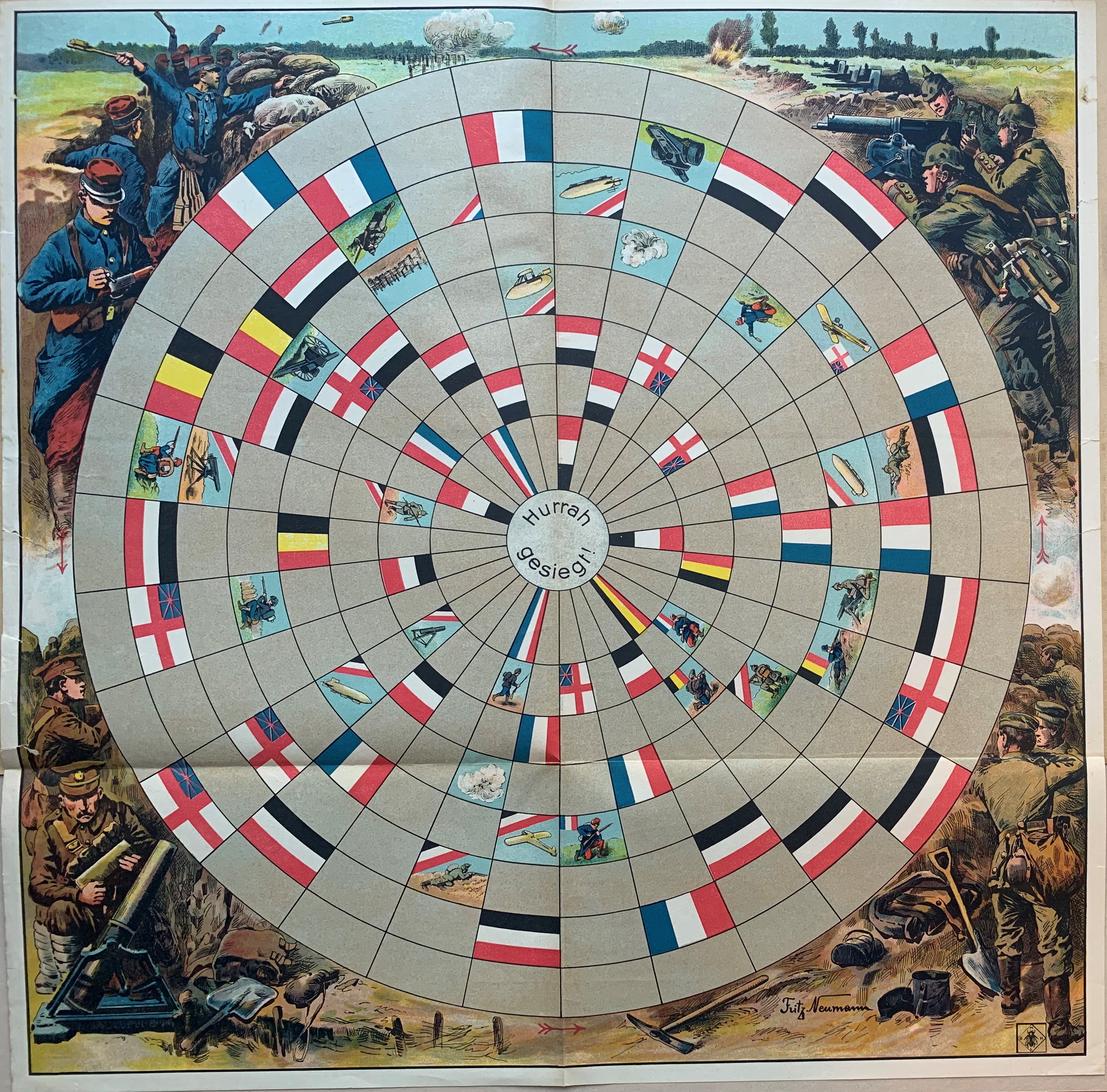Board art from Im Schutzengraben showing four armies in the trenches