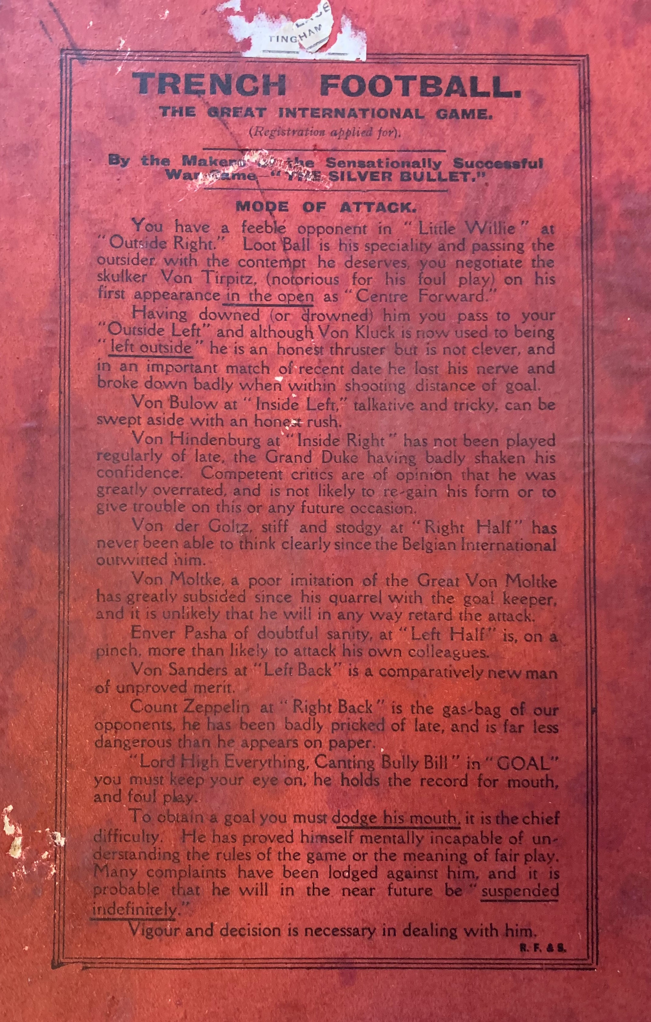 Rules for Trench Football showing the German team