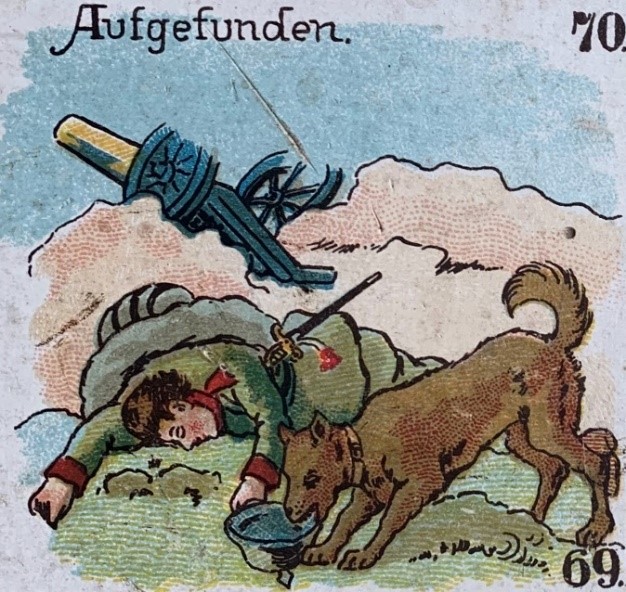 Dog among the dead on a trench game board