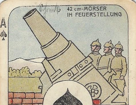 Ace of Spades from a wartime Skat deck showing the 42 cm M-Gerät siege gun